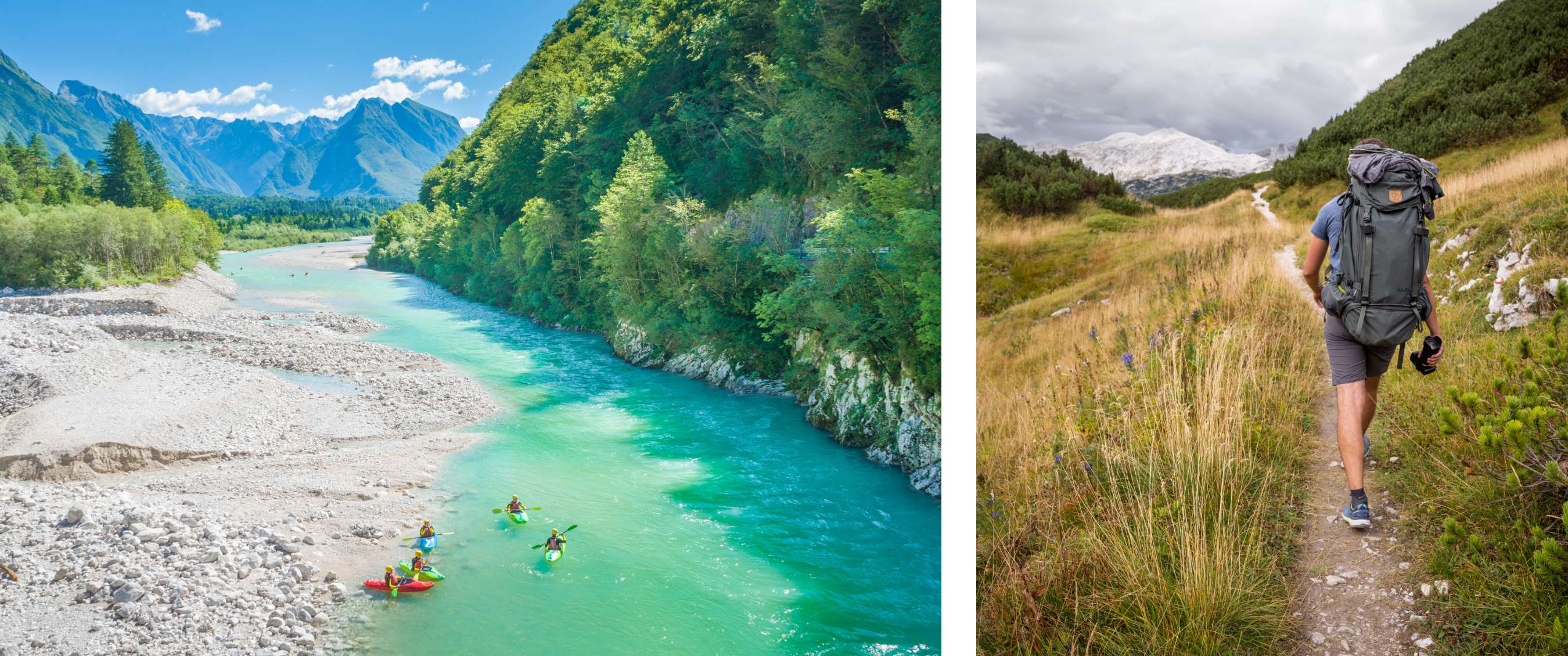 Deux images : groupe de kayaks sur une rivière de montagne au courant vif dans une vallée verte ; personne marchant sur un sentier vers des sommets enneigés.
