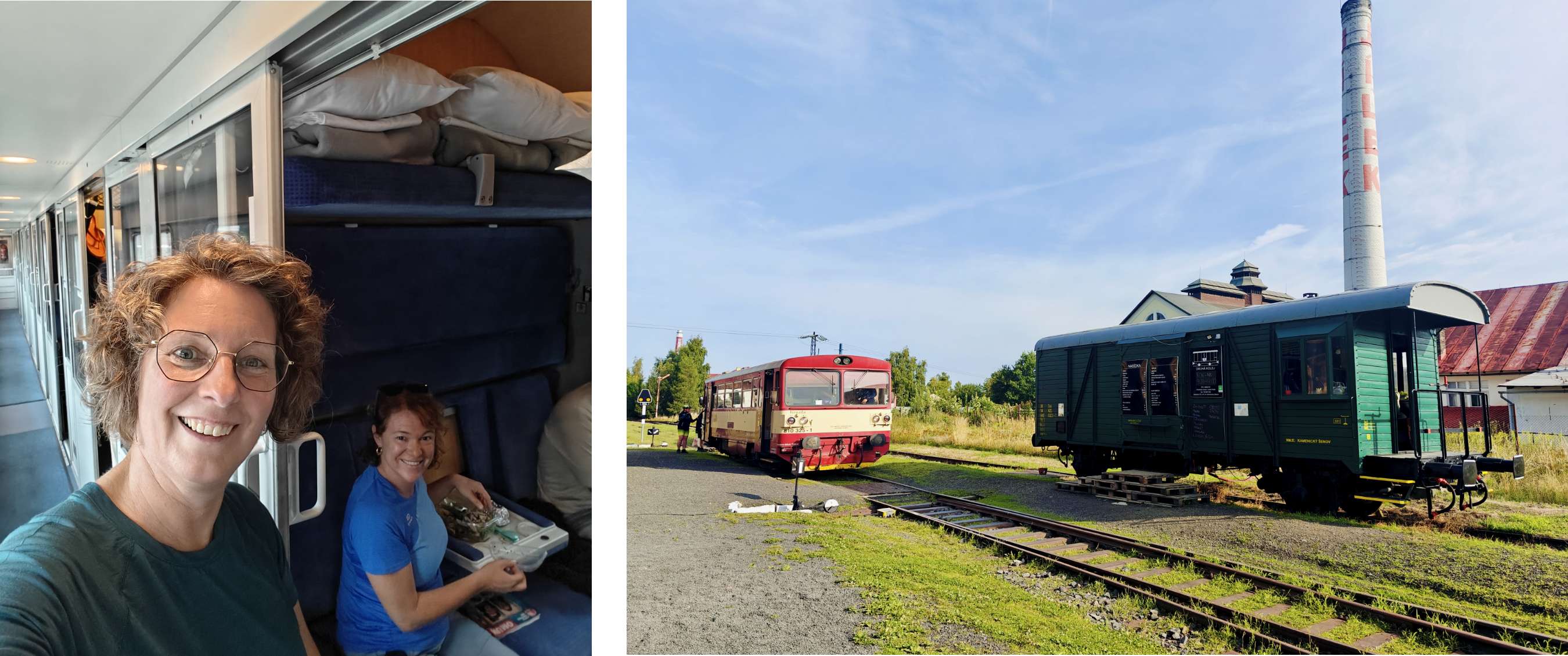 Deux images : femme prenant un selfie dans un train avec une voyageuse à l’arrière-plan ; train et wagon sur une voie de garage.