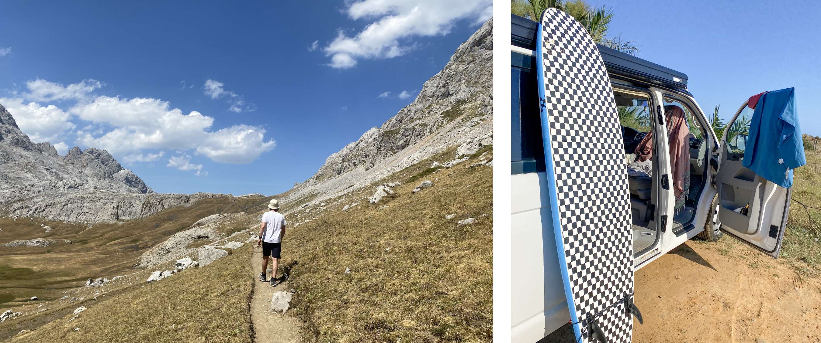 Deux images : personne marchant sur un sentier de montagne dans un paysage rocheux ; planche de surf appuyée contre un van ouvert sur sol sableux.