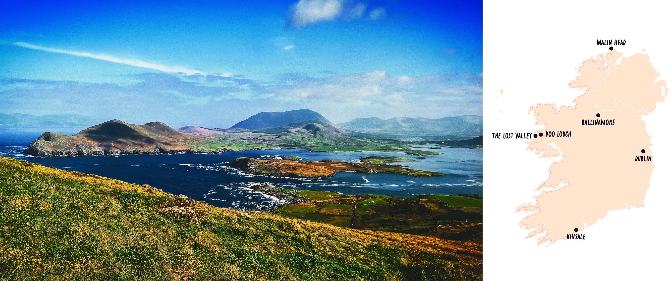 eux images : paysage côtier avec îles ; carte de l’Irlande avec Dublin et Malin Head.