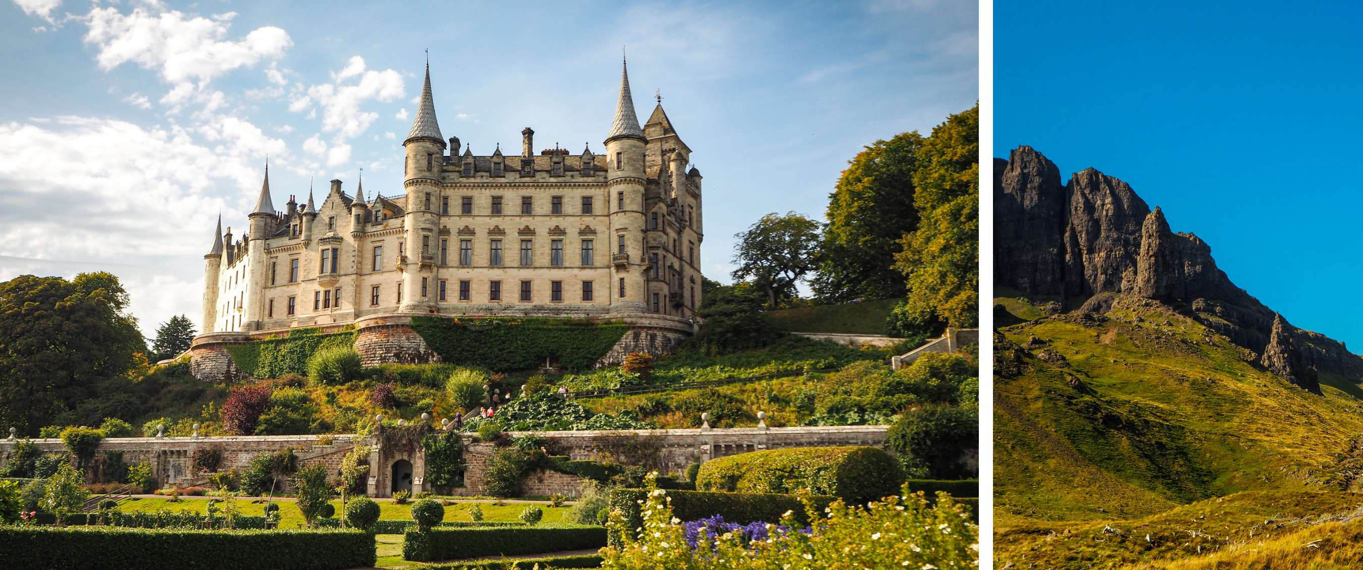 Grand château en pierre avec tours pointues au-dessus de jardins aménagés et de haies vertes.