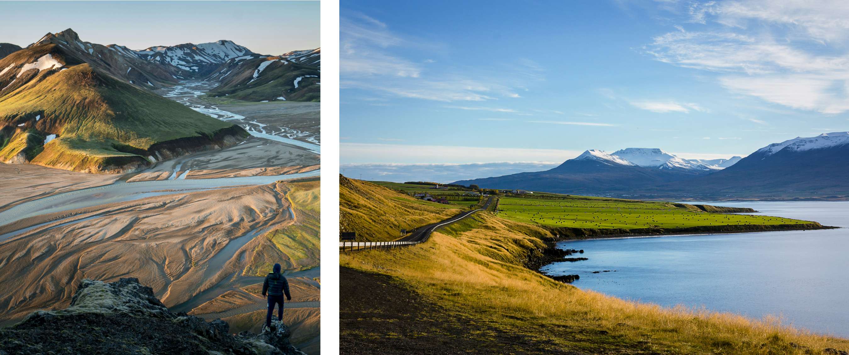 Deux images : randonneur sur un point de vue dominant un large paysage de montagnes et de rivières ; zone côtière ouverte avec prairies, eau et montagnes en arrière-plan.
