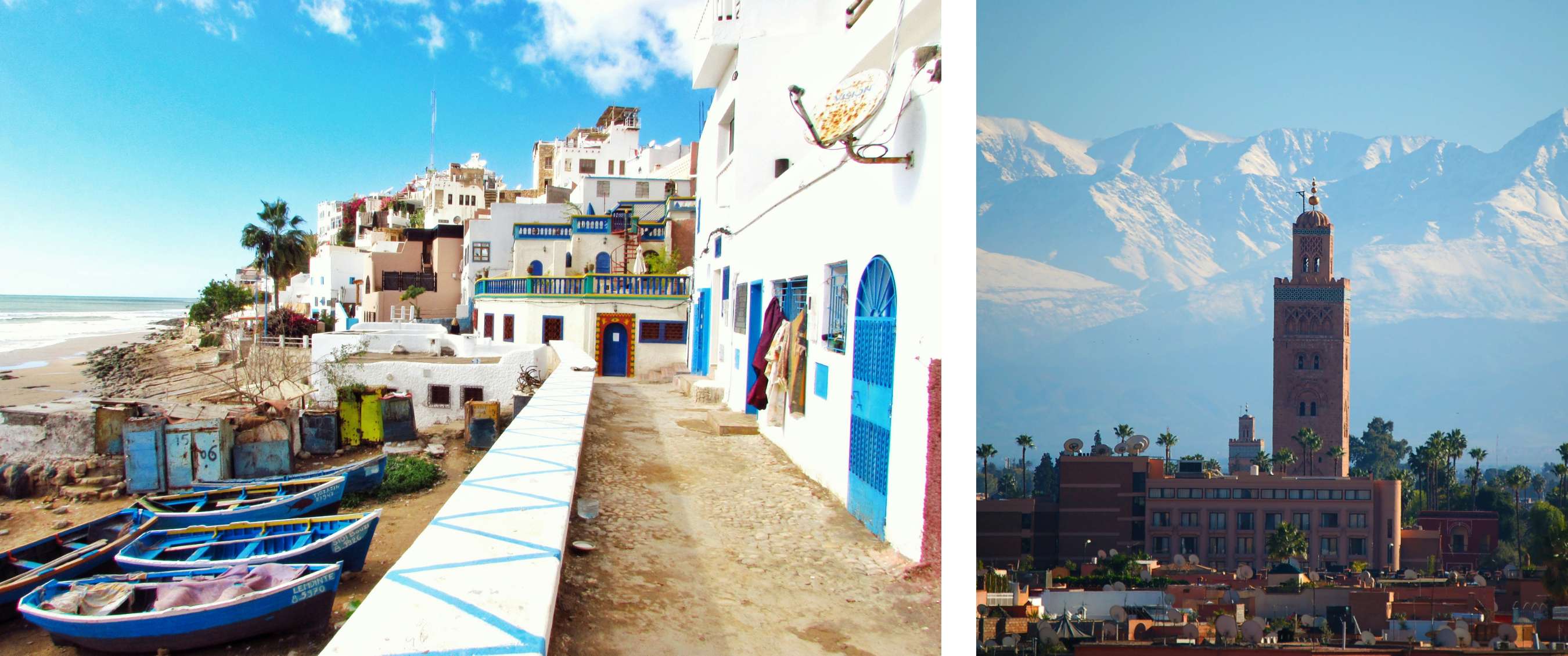 Deux images : rue en bord de mer avec maisons blanchies à la chaux et portes bleues ; paysage urbain avec minaret, palmiers et chaîne de montagnes.