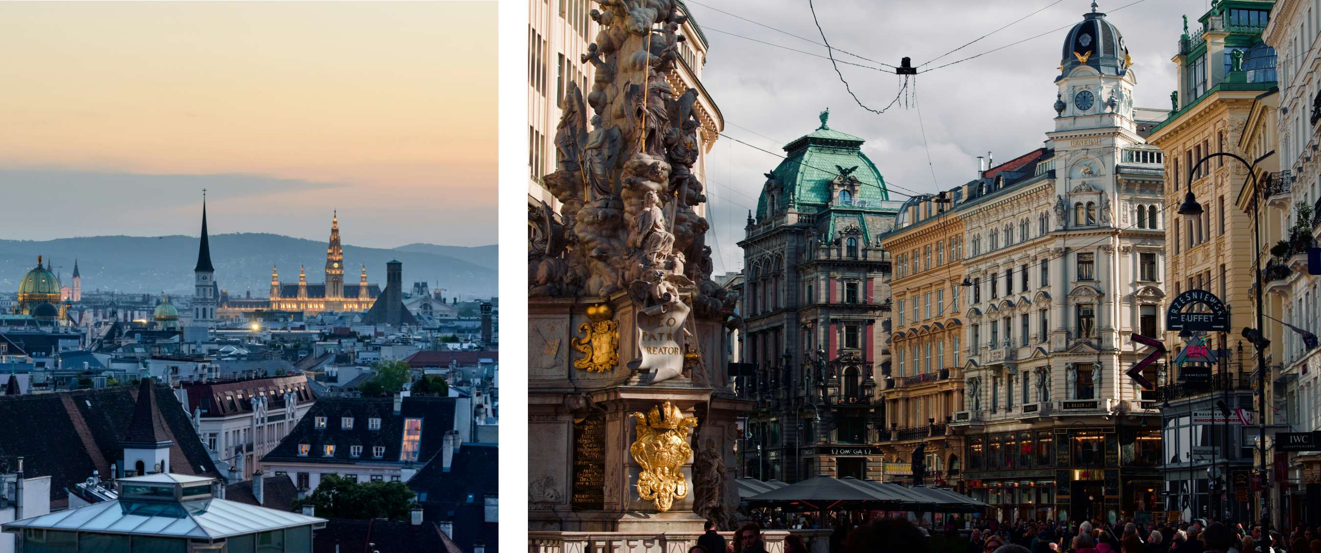 Deux images : vue panoramique de Vienne au crépuscule avec bâtiments historiques ; place animée avec colonne baroque et façades monumentales.