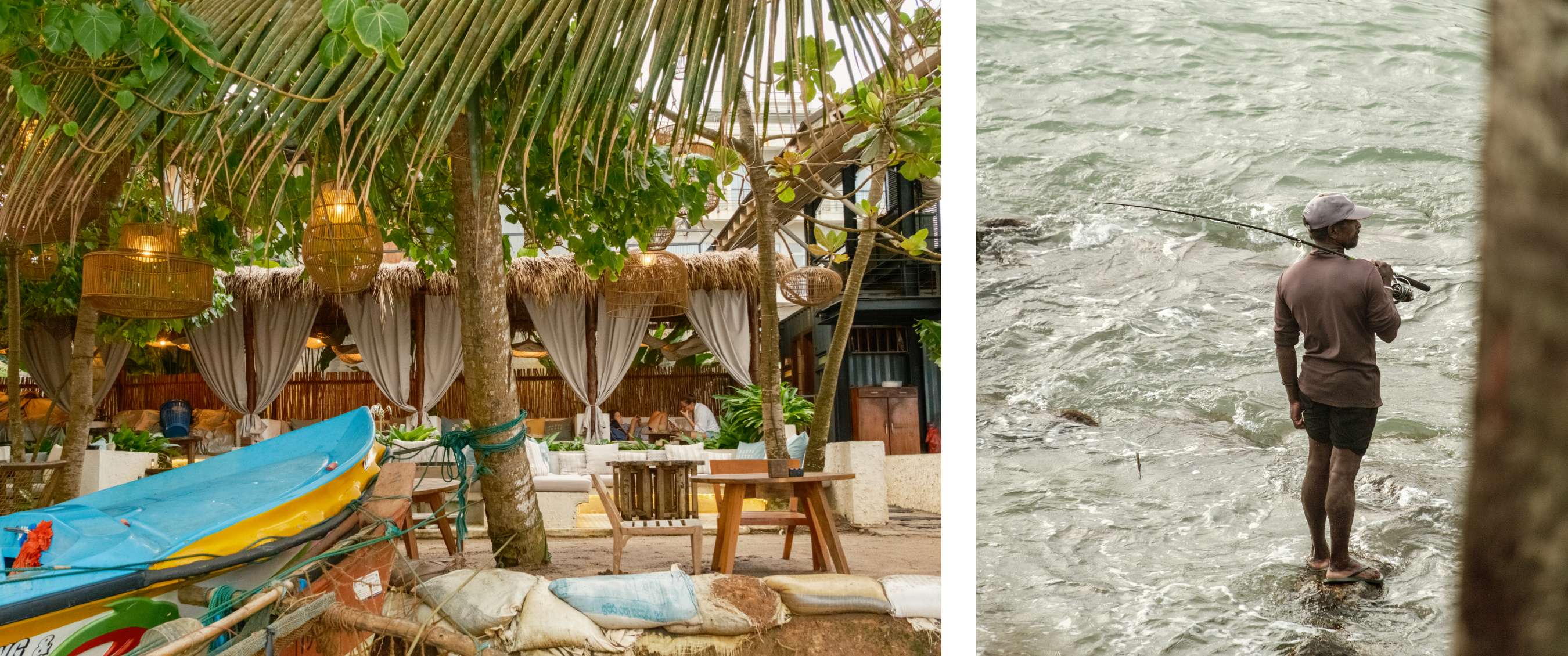 Deux images : lieu de plage tropical avec bateaux et sièges ; homme pêchant dans l’eau peu profonde