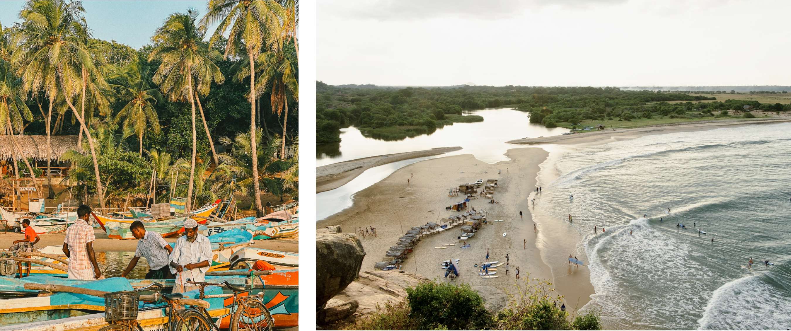 Deux images : bateaux colorés sur la côte ; baie avec plage, surfeurs et vagues
