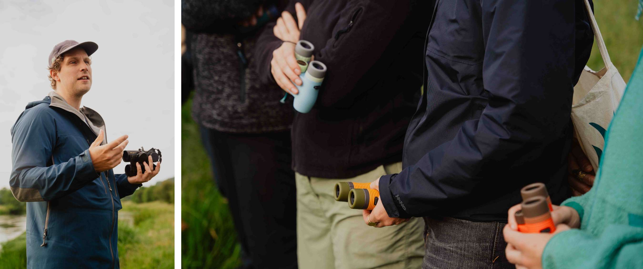 Deux images : jumelles utilisées en plein air et jumelles orange tenues à la main.