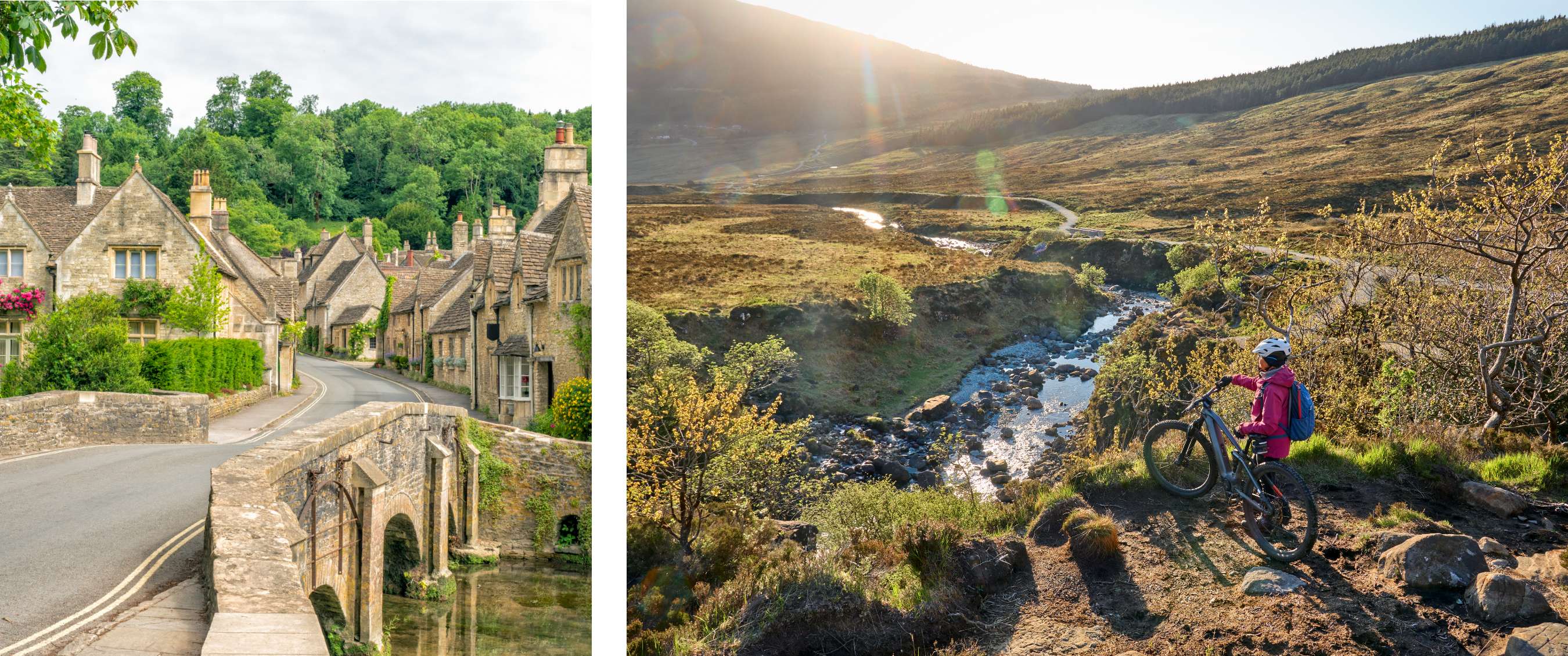 Deux images : un village anglais calme aux maisons de pierre ; un cycliste en veste rose face à un paysage vallonné et un ruisseau.