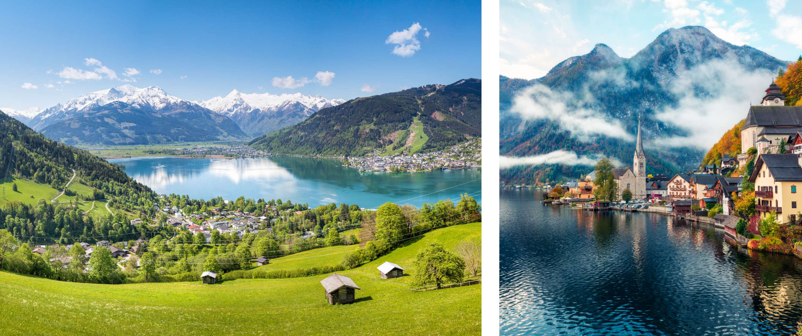 Deux images : un lac alpin clair entouré de vallées vertes et de sommets enneigés ; un village alpin idyllique au bord de l’eau avec église et maisons colorées.
