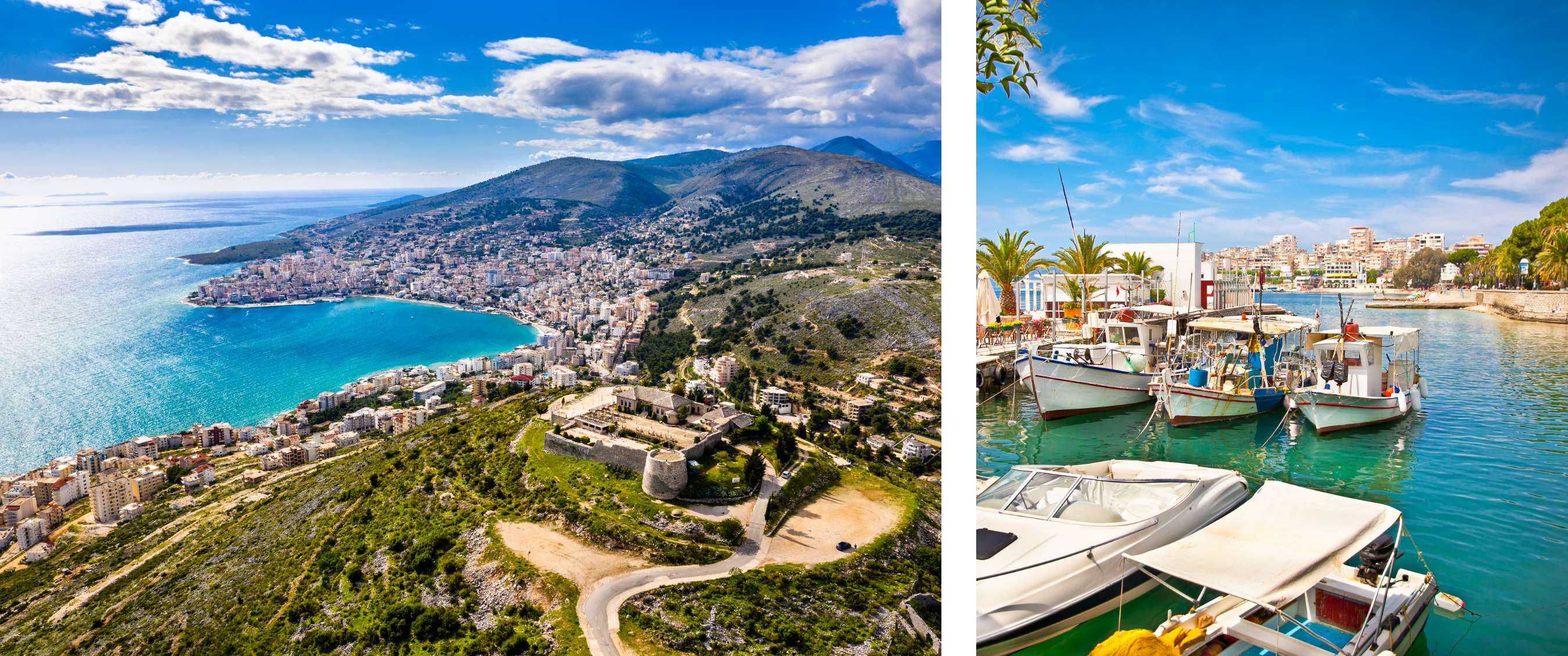 Deux images : une vaste ville côtière avec baie turquoise et collines ; un port avec bateaux de pêche et palmiers au bord d’une eau claire.