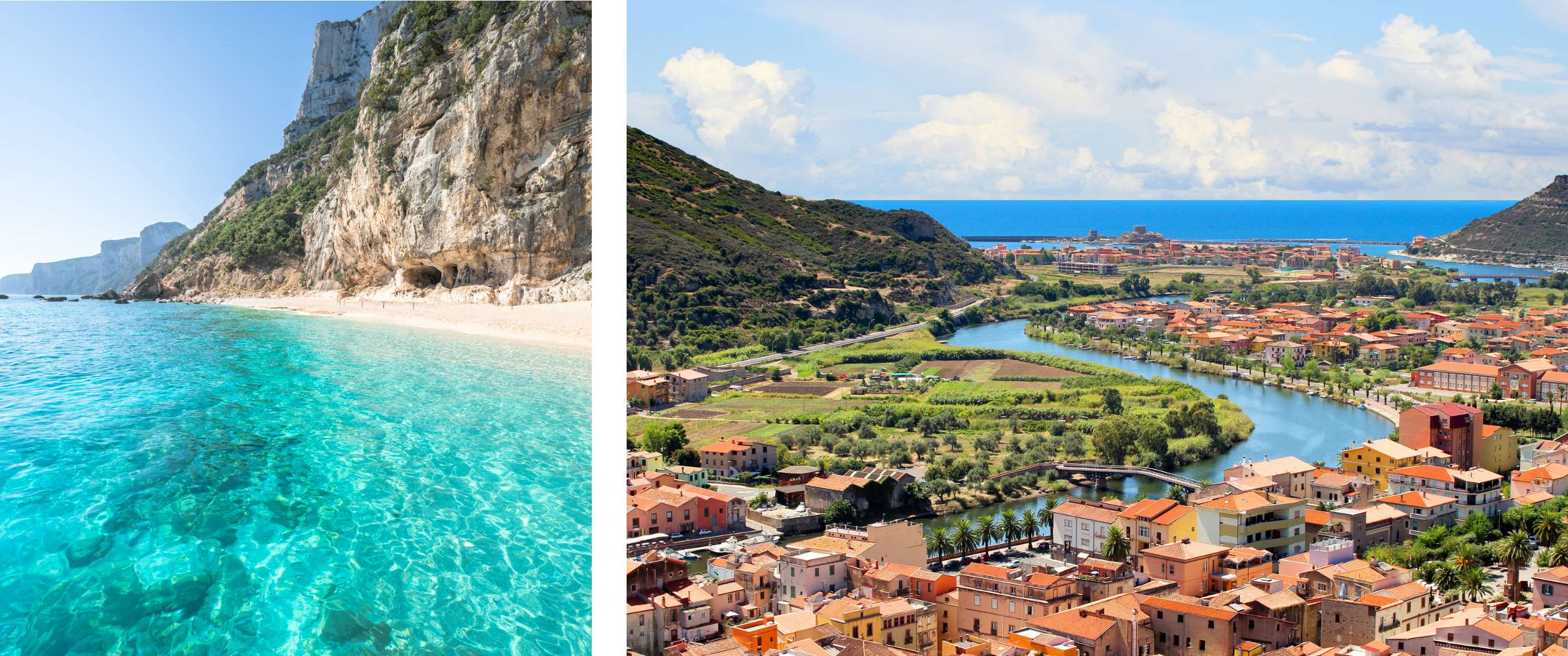 Deux images : eau turquoise au pied de falaises abruptes et sable clair ; panorama d’une ville aux toits rouges entre collines et littoral.