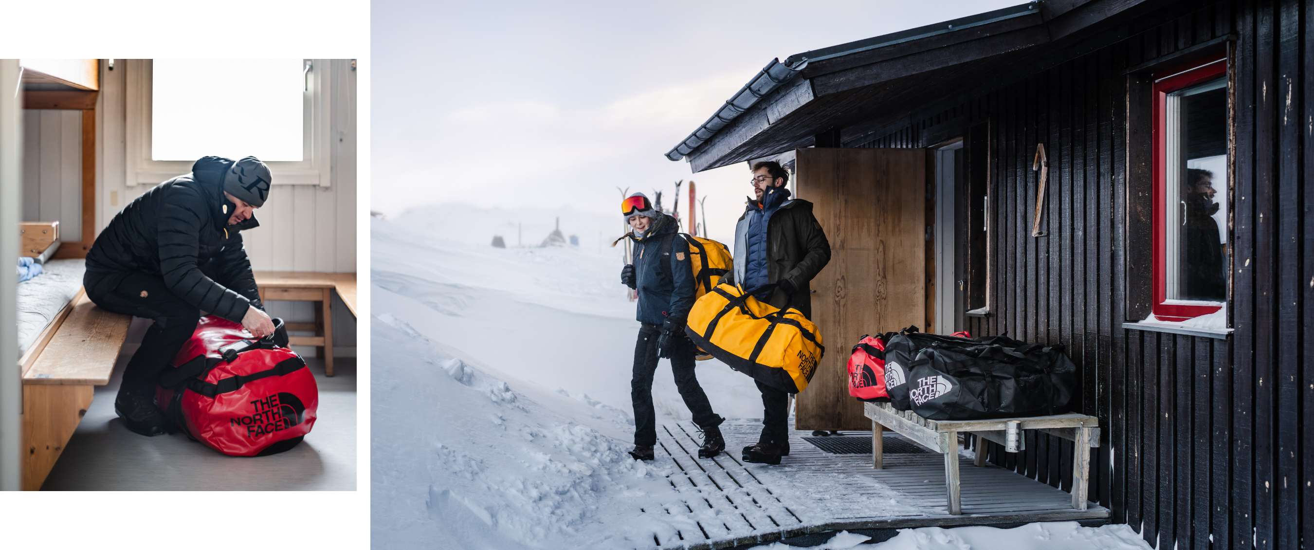 Deux images : personne fermant un duffel The North Face rouge et voyageurs avec sacs dans la neige.