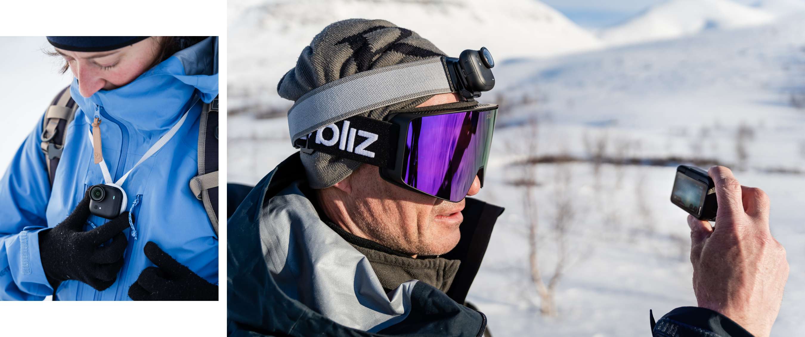Deux images : caméra sur une veste bleue ; personne avec masque de ski regardant une petite caméra
