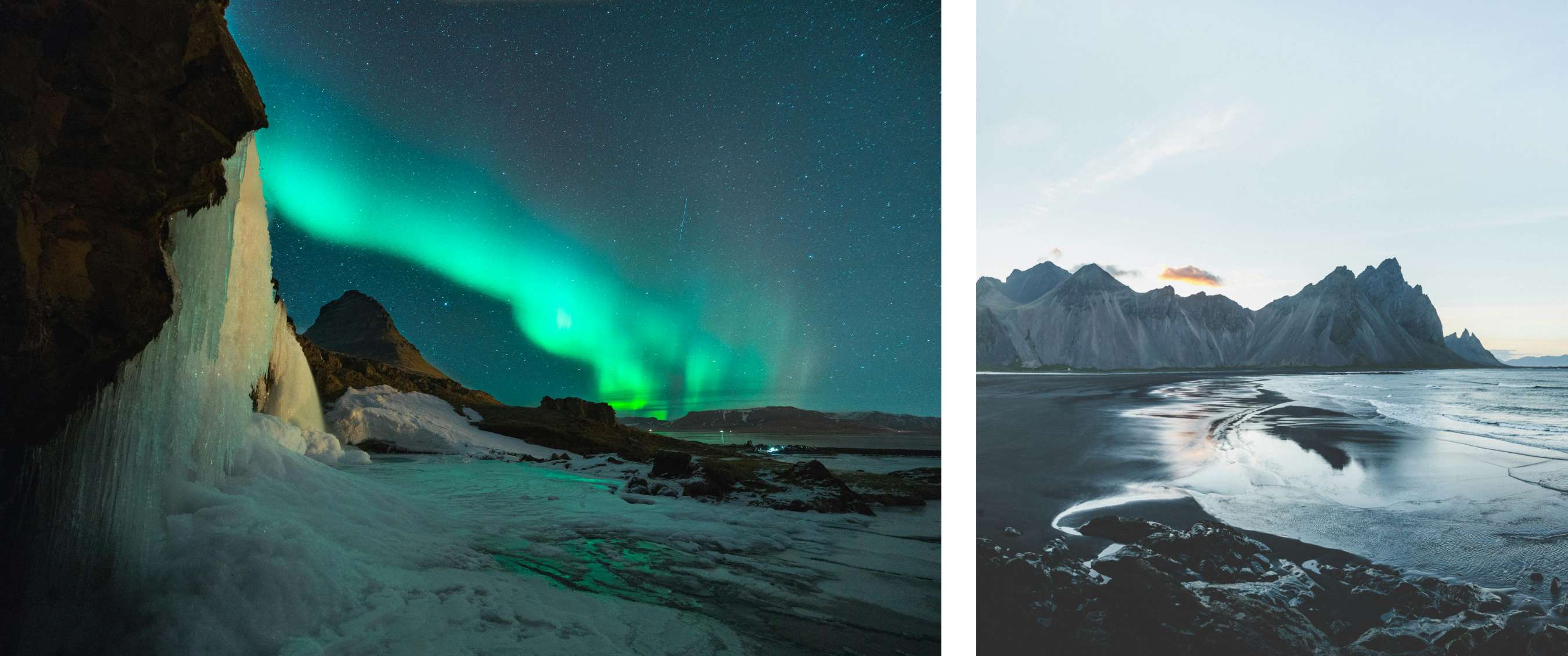 photo gauche <Une aurore boréale verte éclaire un paysage enneigé et gelé avec une cascade de glace et des montagnes en arrière-plan.> photo droite <Plage de sable noir brillante au pied de montagnes escarpées sous une douce lumière matinale.>