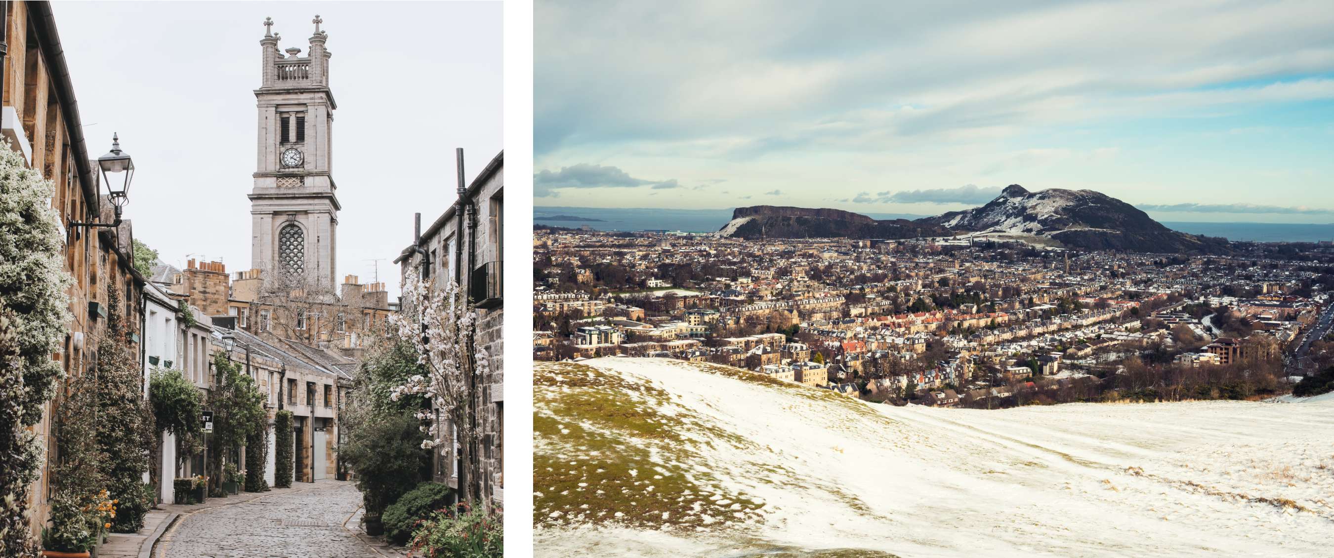 photo gauche <Ruelle pavée bordée de maisons en pierre avec une haute tour d’horloge en arrière-plan dans un quartier calme.> photo droite <Vue sur Édimbourg avec des collines enneigées et la mer au loin sous un ciel légèrement nuageux.>