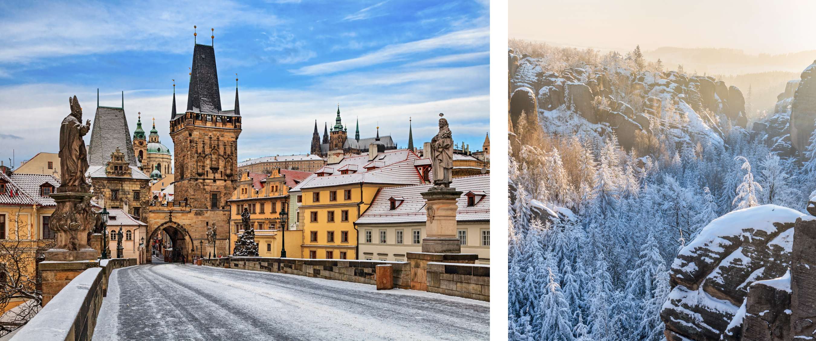 photo gauche <Le pont Charles à Prague avec des toits enneigés, des statues et des tours sous un ciel d’hiver clair.> photo droite <Paysage hivernal ensoleillé avec des formations rocheuses et des pins couverts de neige dans une région montagneuse.>