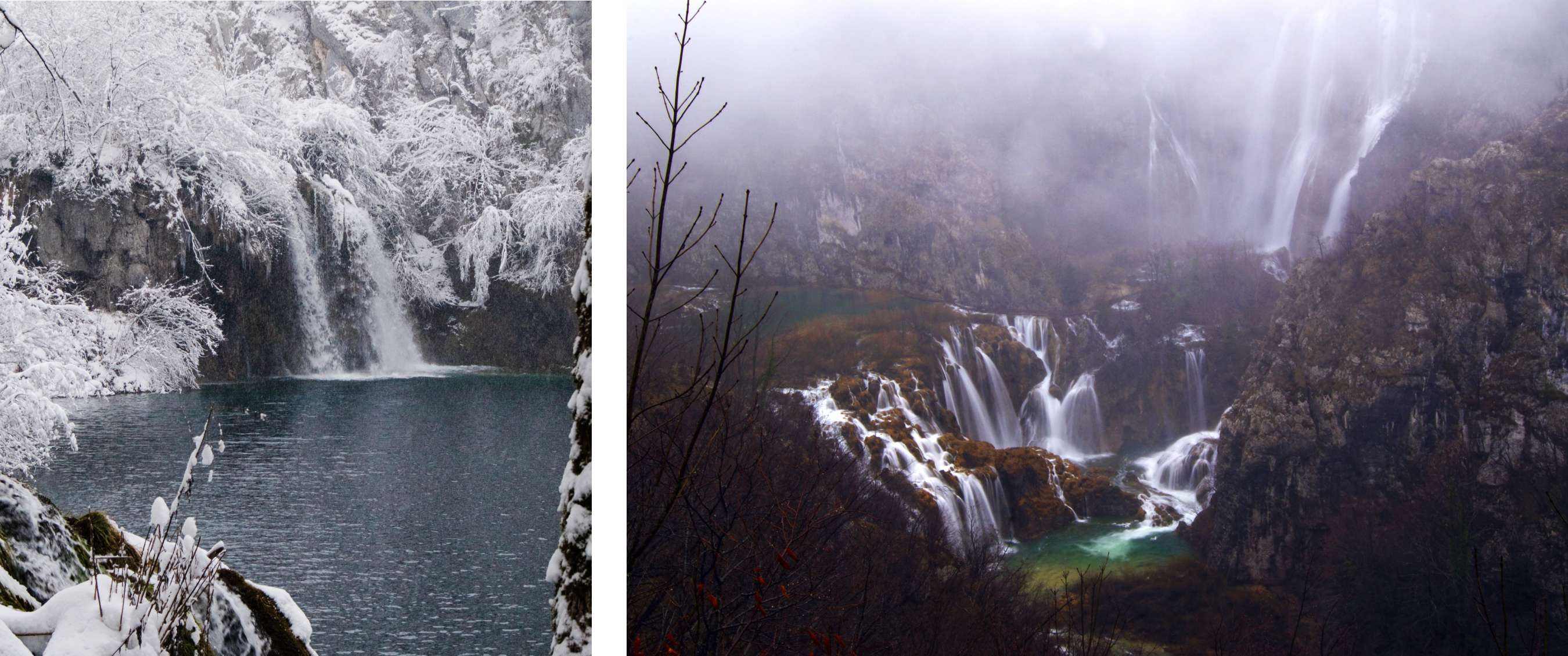photo gauche <Cascade se déversant dans un lac clair, entourée d’arbres et de rochers couverts de neige.> photo droite <Plusieurs cascades s’écoulent entre les rochers et les arbres dans un paysage hivernal brumeux.>