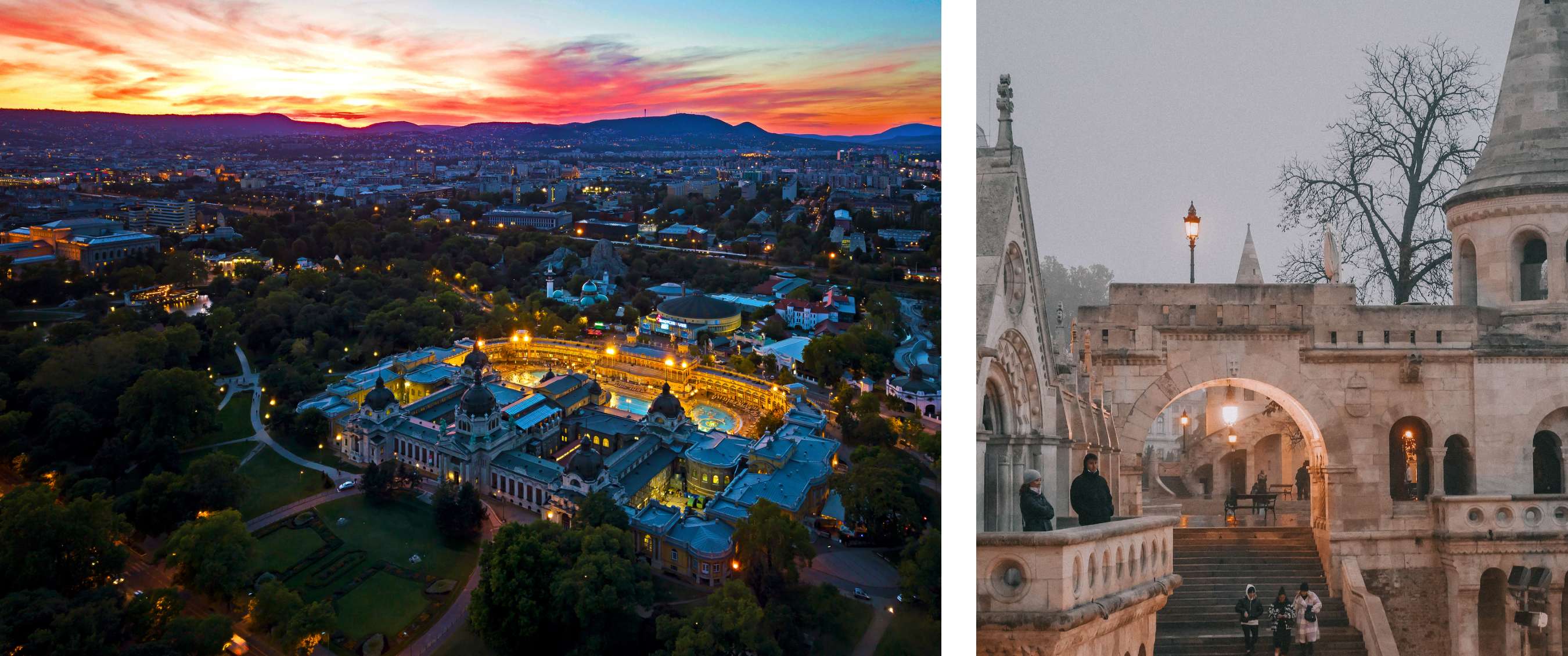 photo gauche <Vue aérienne de Budapest au coucher du soleil avec des bâtiments illuminés et les bains Széchenyi au centre.> photo droite <Promeneurs entre les arches et les tours du Bastion des pêcheurs sous la lumière du soir.>
