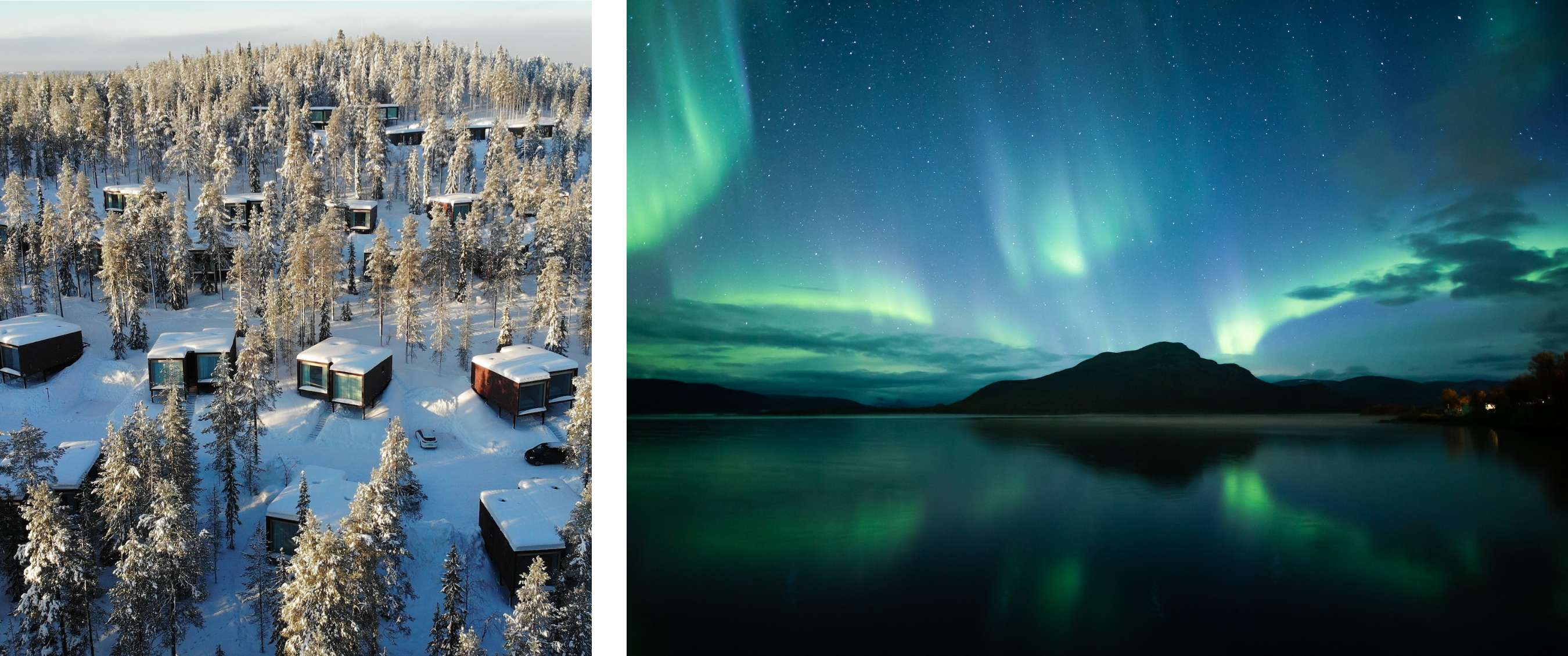 photo gauche <Vue aérienne de cabanes en bois modernes parmi des arbres enneigés dans une forêt hivernale.> photo droite <Aurore boréale verte dansant au-dessus d’un lac reflétant les lumières avec des montagnes sombres en arrière-plan.>