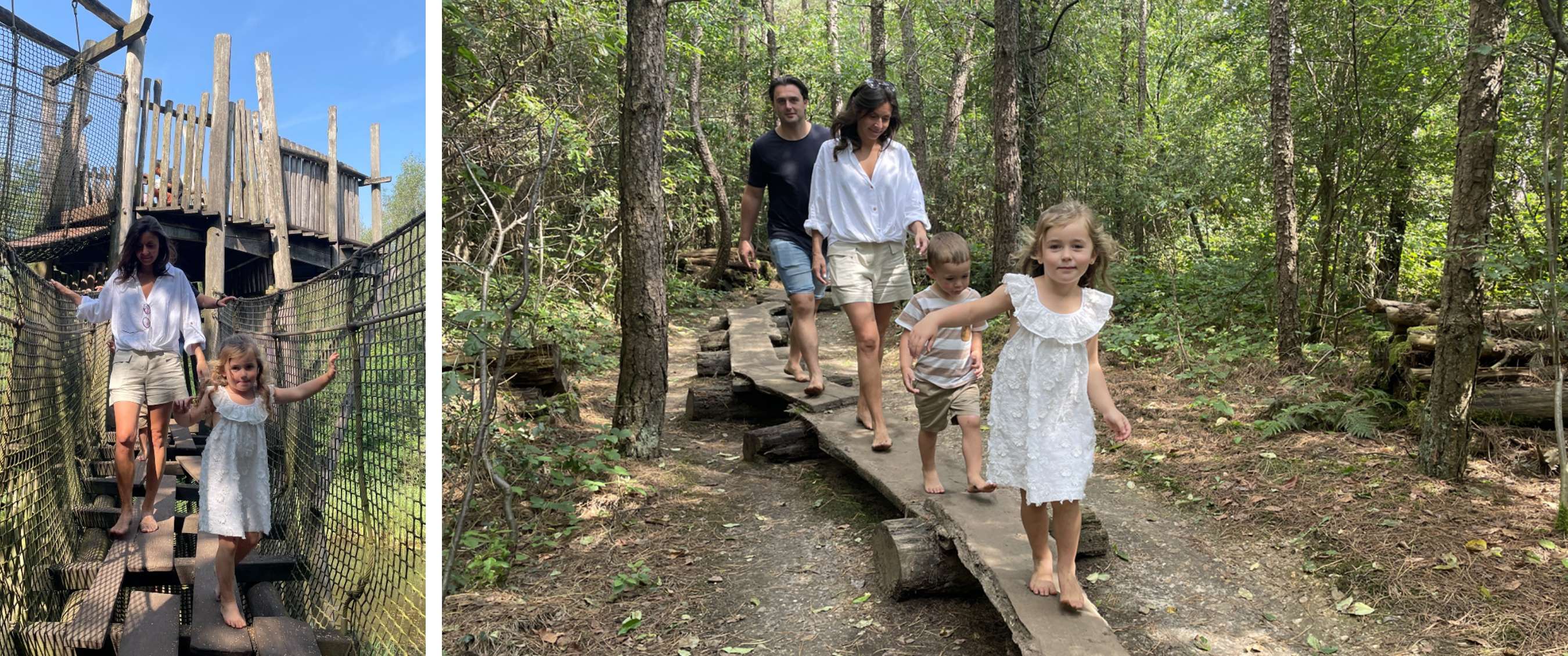Deux adultes et deux enfants avancent pieds nus sur des planches en bois dans la forêt.