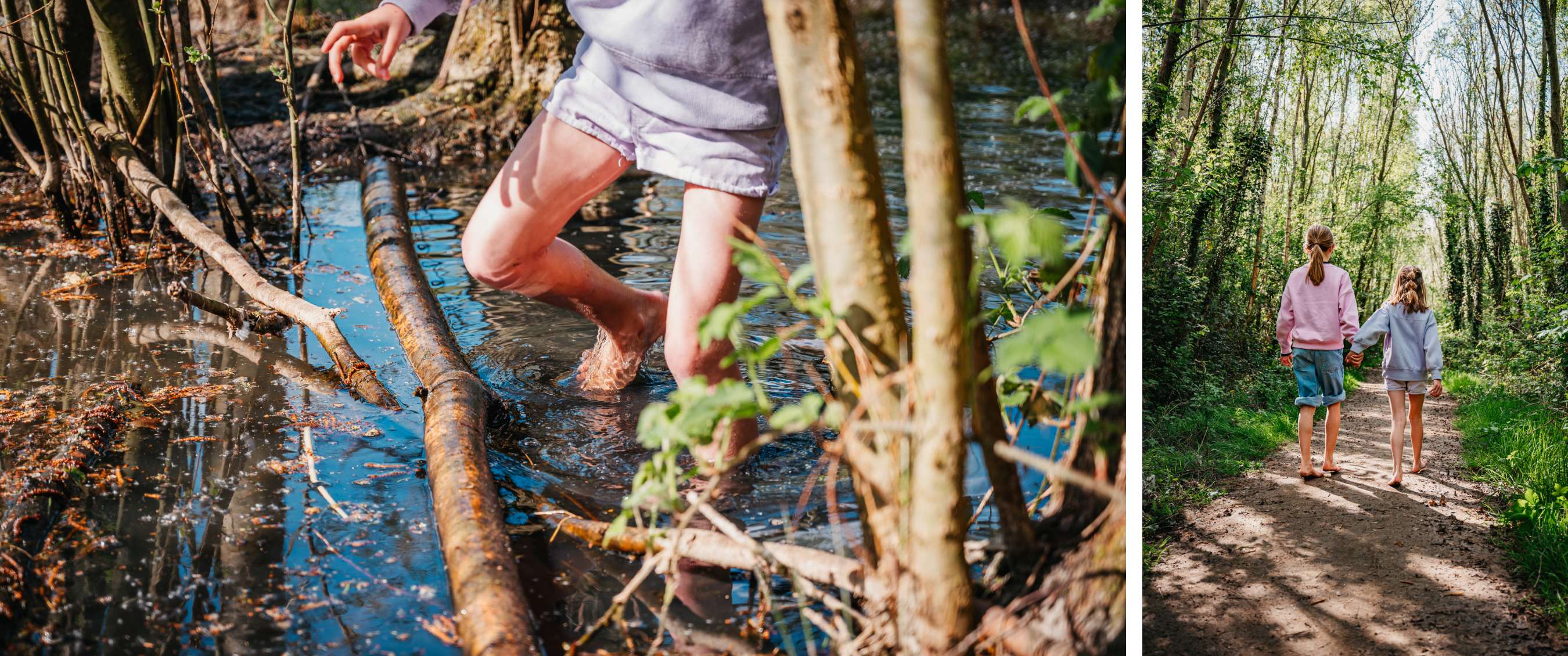 Des pieds nus avancent dans une flaque peu profonde entourée de troncs et de branches.