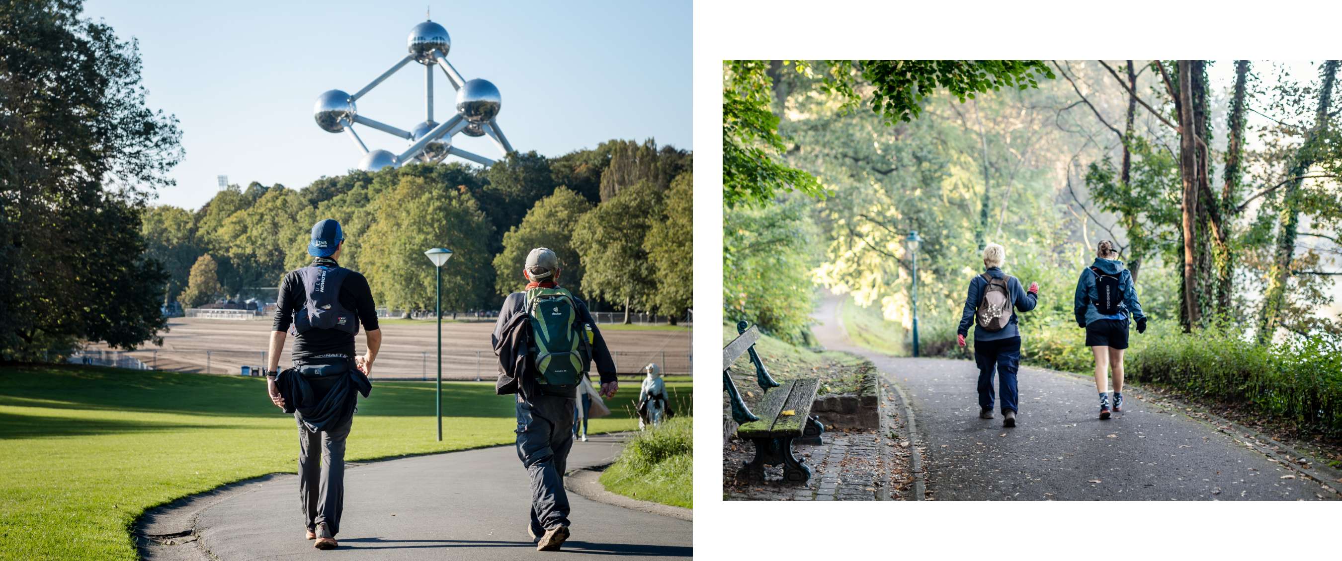 Deux randonneurs marchent en direction de l’Atomium à Bruxelles lors de la Brussels 60.