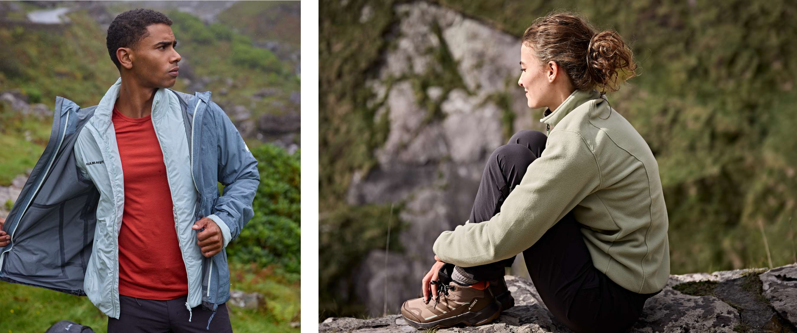 Deux images : Homme montrant sa veste ouverte en terrain vallonné. Femme assise sur un rocher avec chaussures de randonnée en montagne.