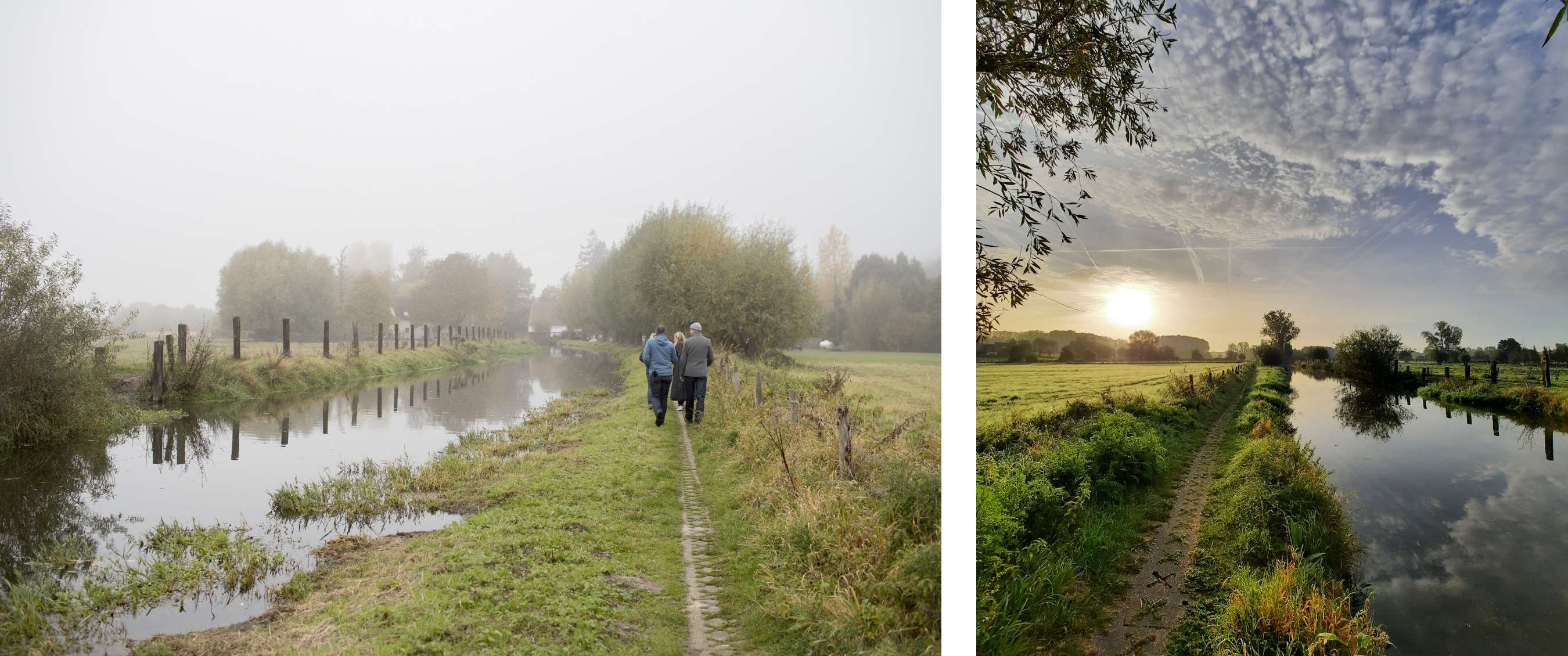 Deux images : deux personnes marchent le long d’un cours d’eau calme ; soleil du matin au-dessus d’un chemin près d’un canal.