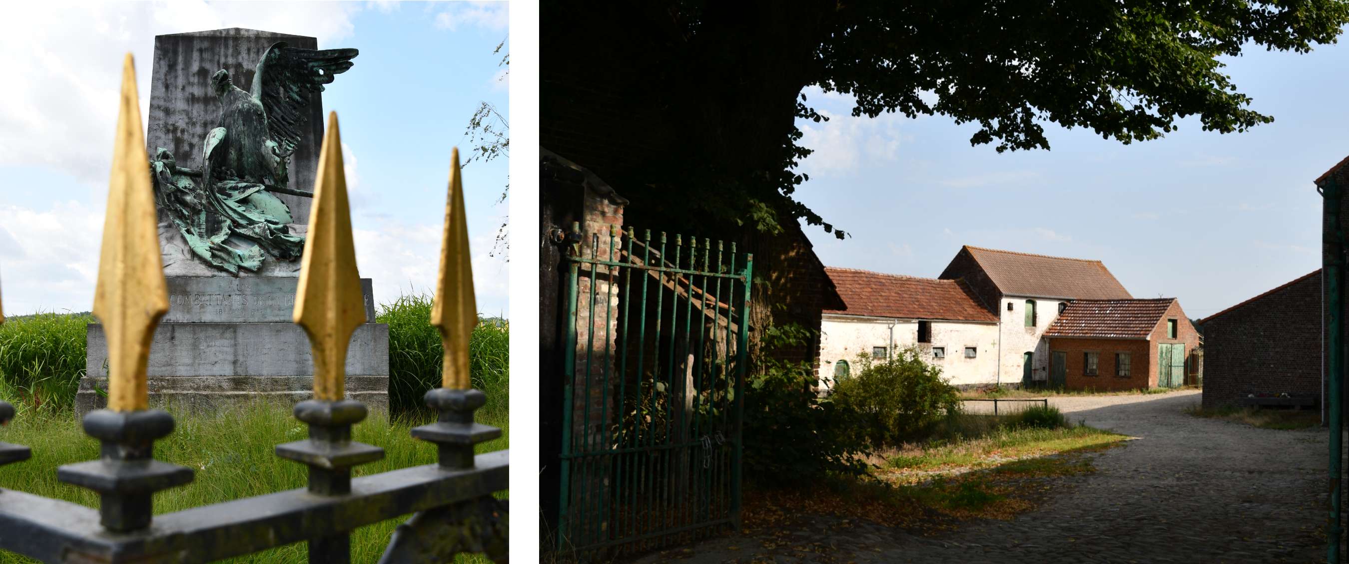 Deux images : statue sur socle en pierre derrière une clôture ; bâtiments de ferme autour d’une cour.