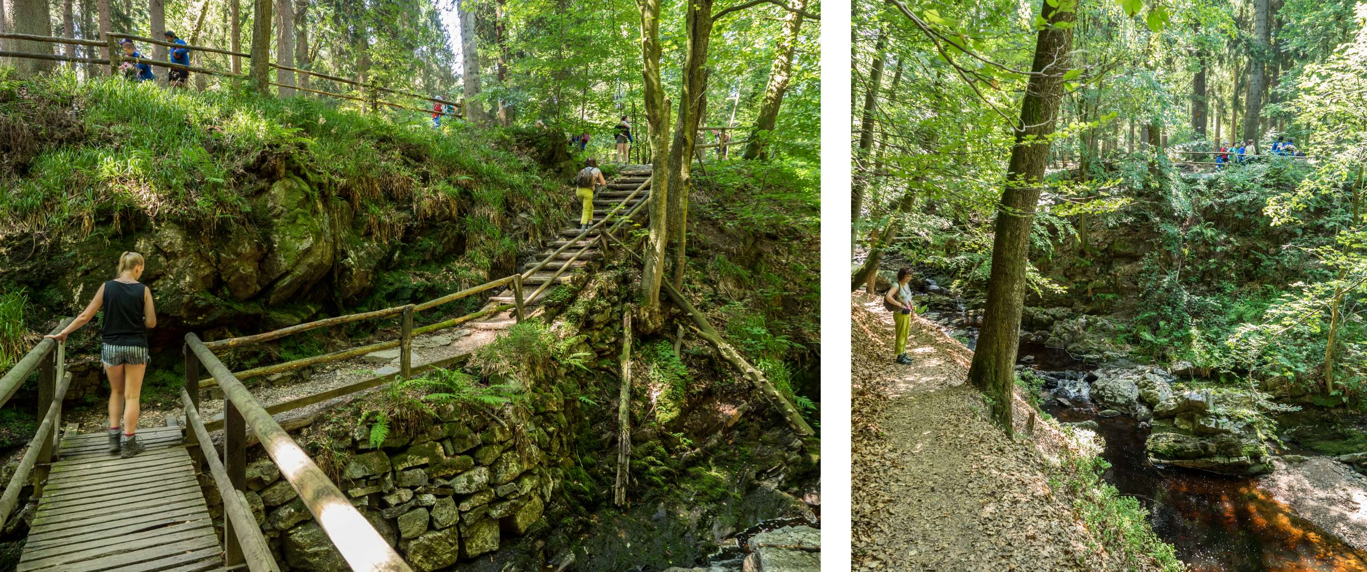 Deux images : promeneur traversant un pont dans un ravin verdoyant ; ruisseau en forêt avec berges rocheuses et promeneurs.