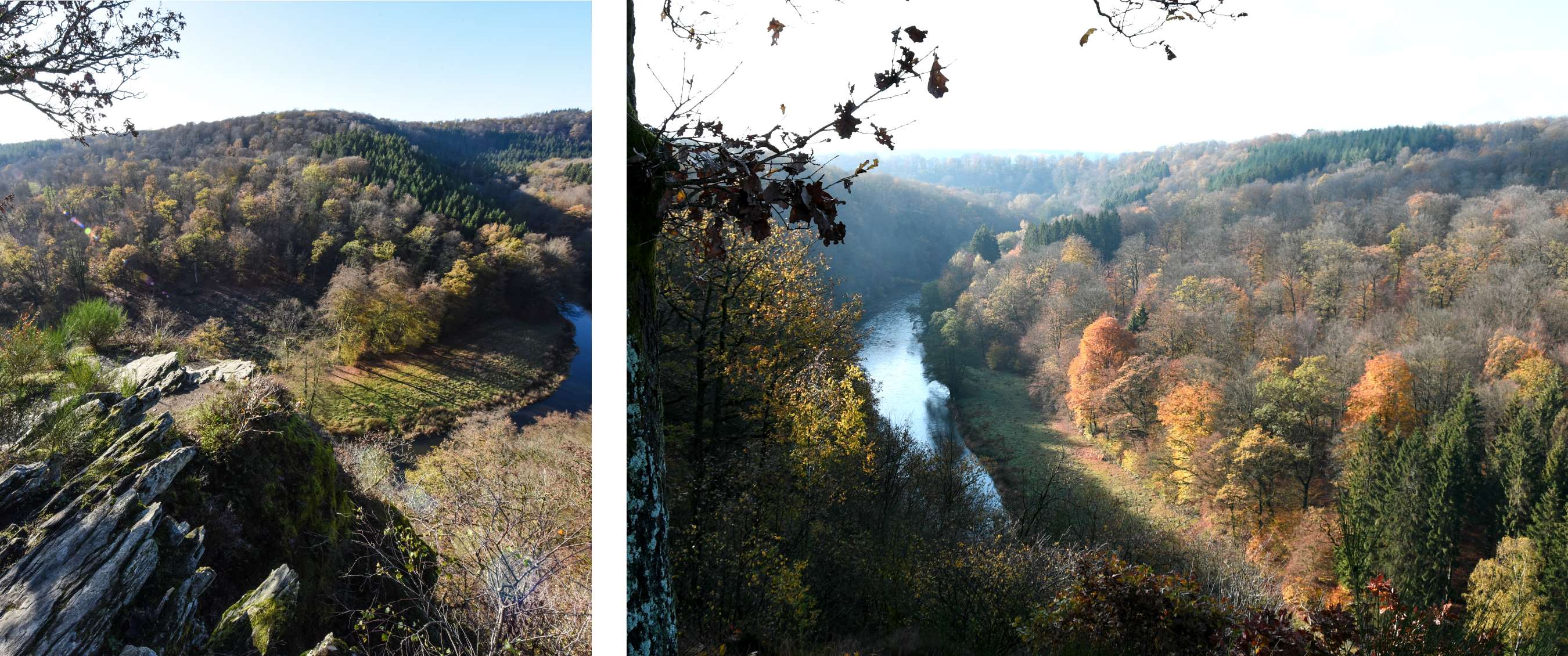 Deux images : point de vue rocheux au-dessus d’une vallée boisée ; rivière traversant une forêt d’automne vue d’en haut.