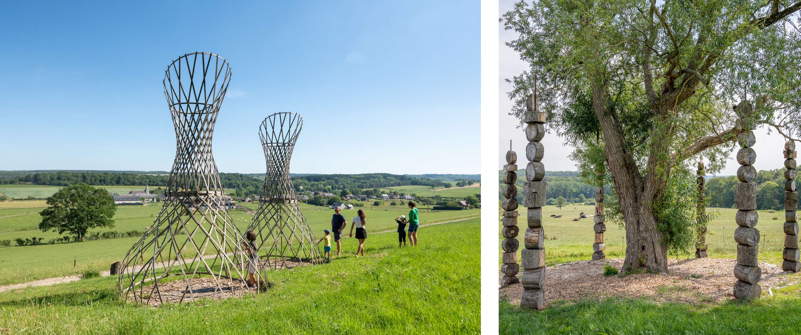 Deux images : grandes installations tressées dans une prairie ; vieil arbre entouré d’objets en bois dressés.
