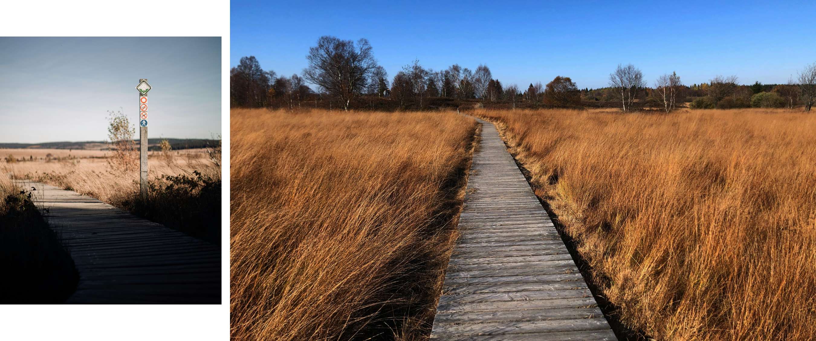 Deux images : panneau de randonnée près d’un caillebotis et chemin en bois dans l’herbe sèche sous ciel bleu.