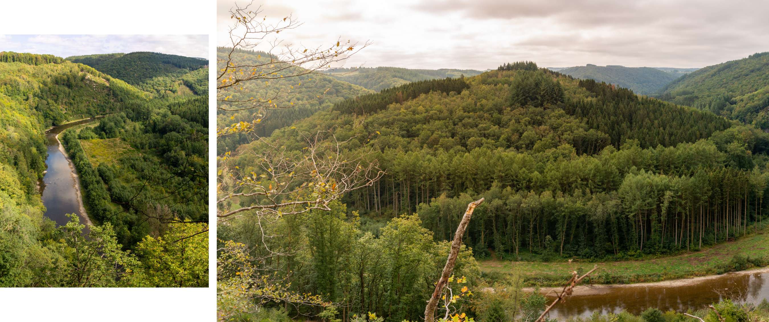 Deux images : rivière serpentant dans une vallée verte et paysage vallonné boisé sous ciel nuageux.