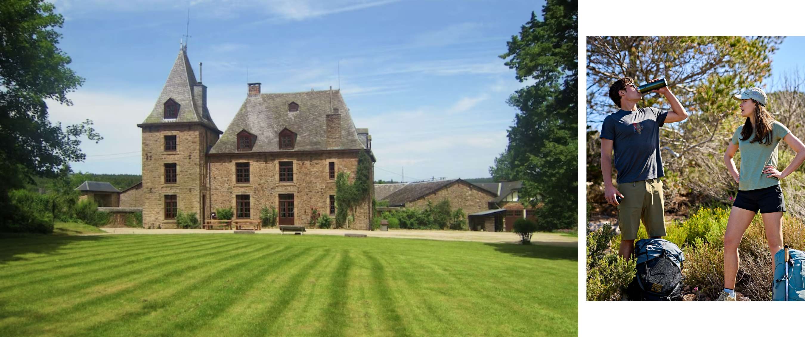 Deux images : château en pierre avec pelouse et randonneuse avec sac à dos dans la nature sèche.