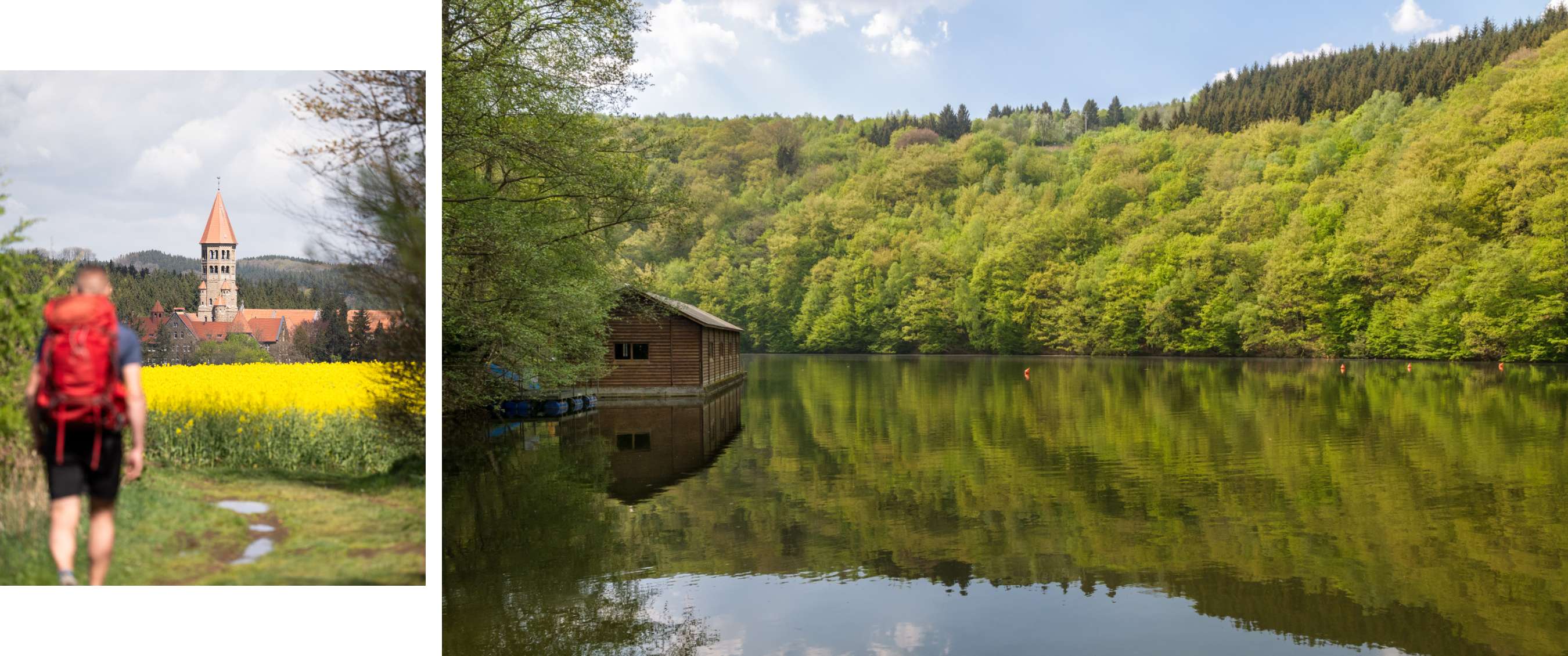 Deux images : clocher net derrière des fleurs jaunes et maison en bois près d’un lac calme.