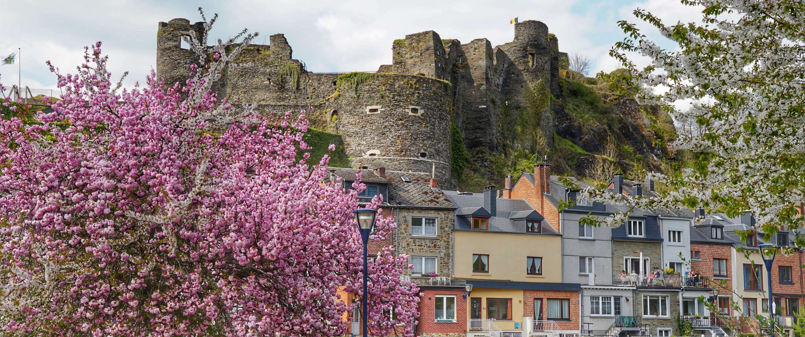 Anciens murs de château au-dessus de maisons, avec fleurs roses et mur de rivière.