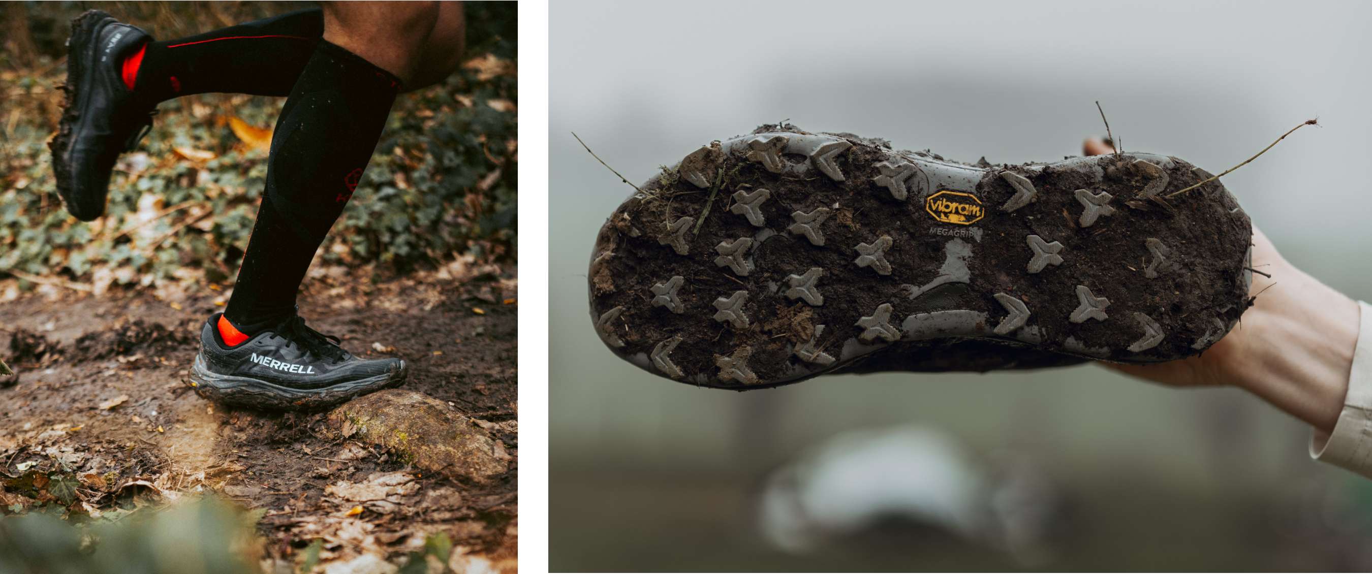 Deux images : chaussure Merrell sur un sentier forestier boueux ; semelle boueuse avec logo Vibram visible.