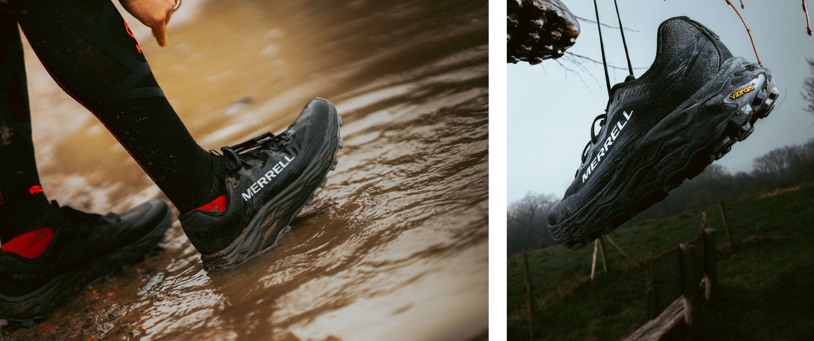 Deux images : chaussure Merrell noire dans une flaque ; gros plan d’une chaussure en l’air au-dessus d’un champ.