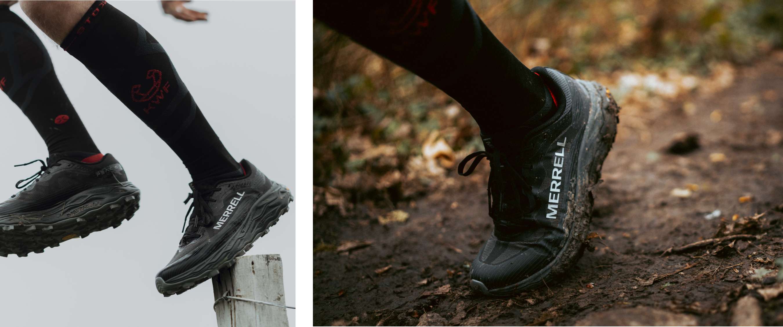 Deux images : chaussure Merrell en équilibre sur un piquet ; chaussure Merrell boueuse sur un chemin non pavé.