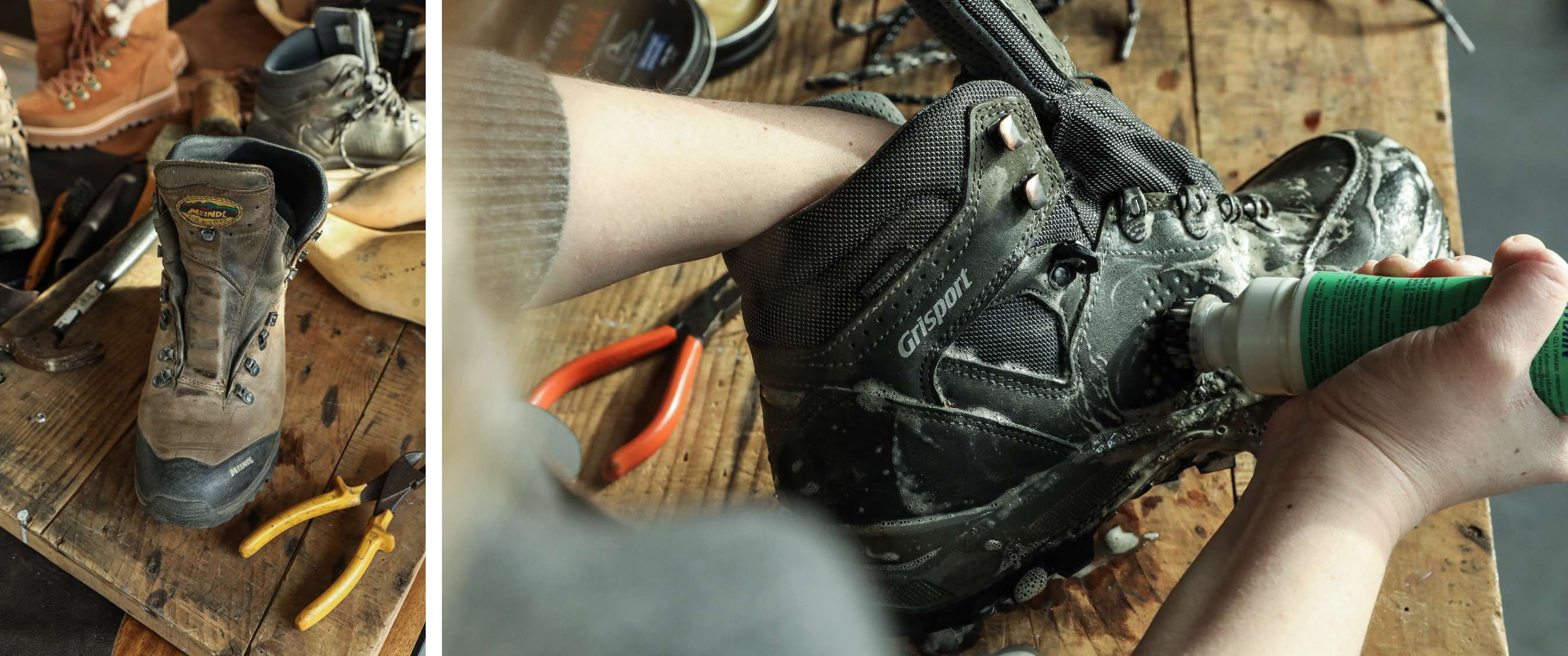Une personne nettoie une chaussure de randonnée Grisport avec un applicateur à brosse sur un établi en bois.