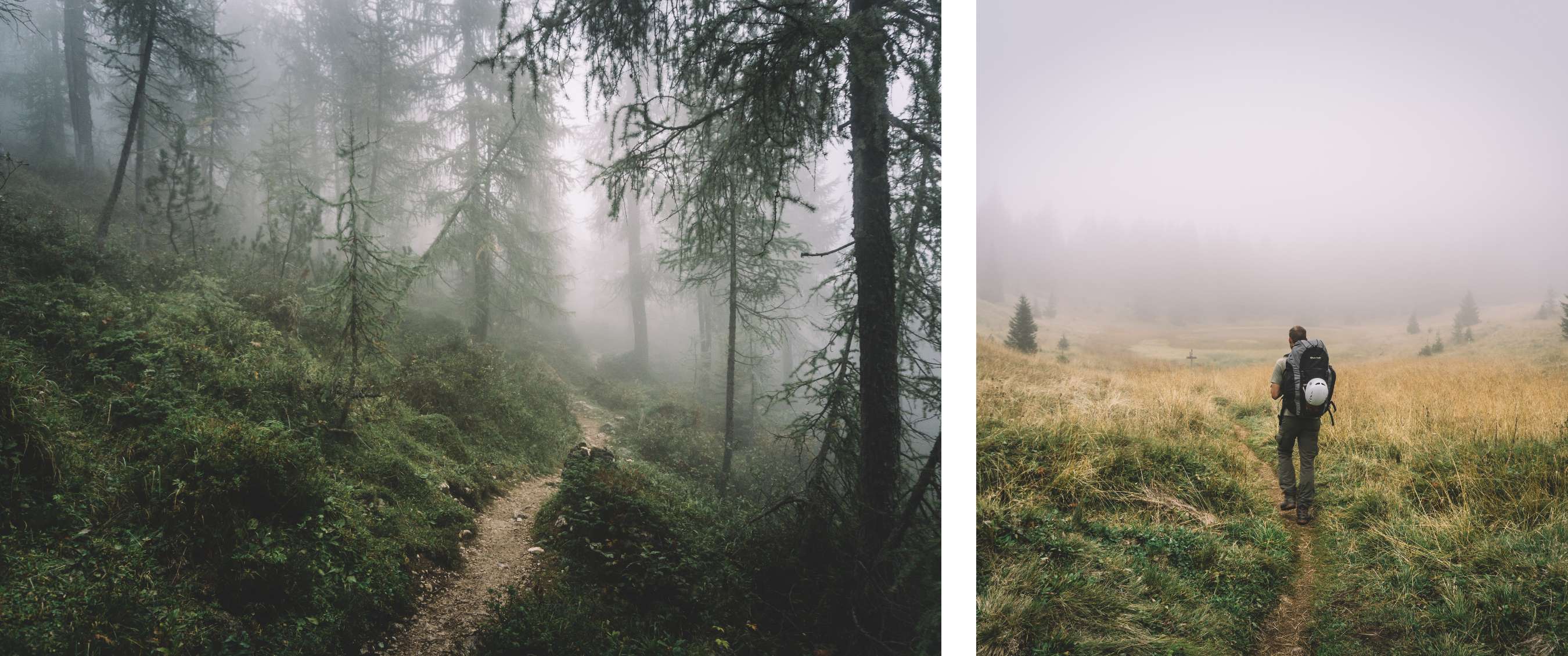 Deux images : sentier forestier brumeux entre les arbres ; randonneur avec sac sur un chemin dans une prairie brumeuse