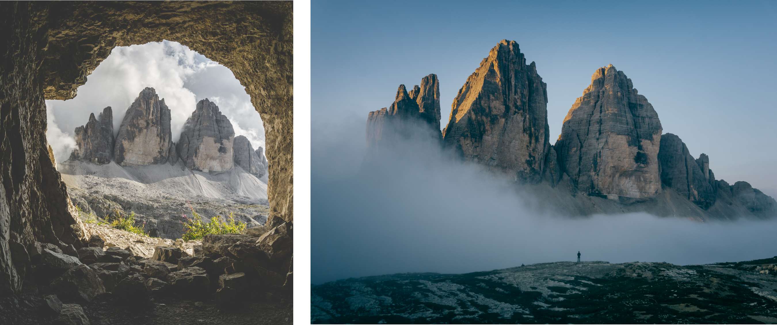 Deux images : ouverture de grotte avec vue sur les Tre Cime ; personne sur un plateau rocheux sous la brume