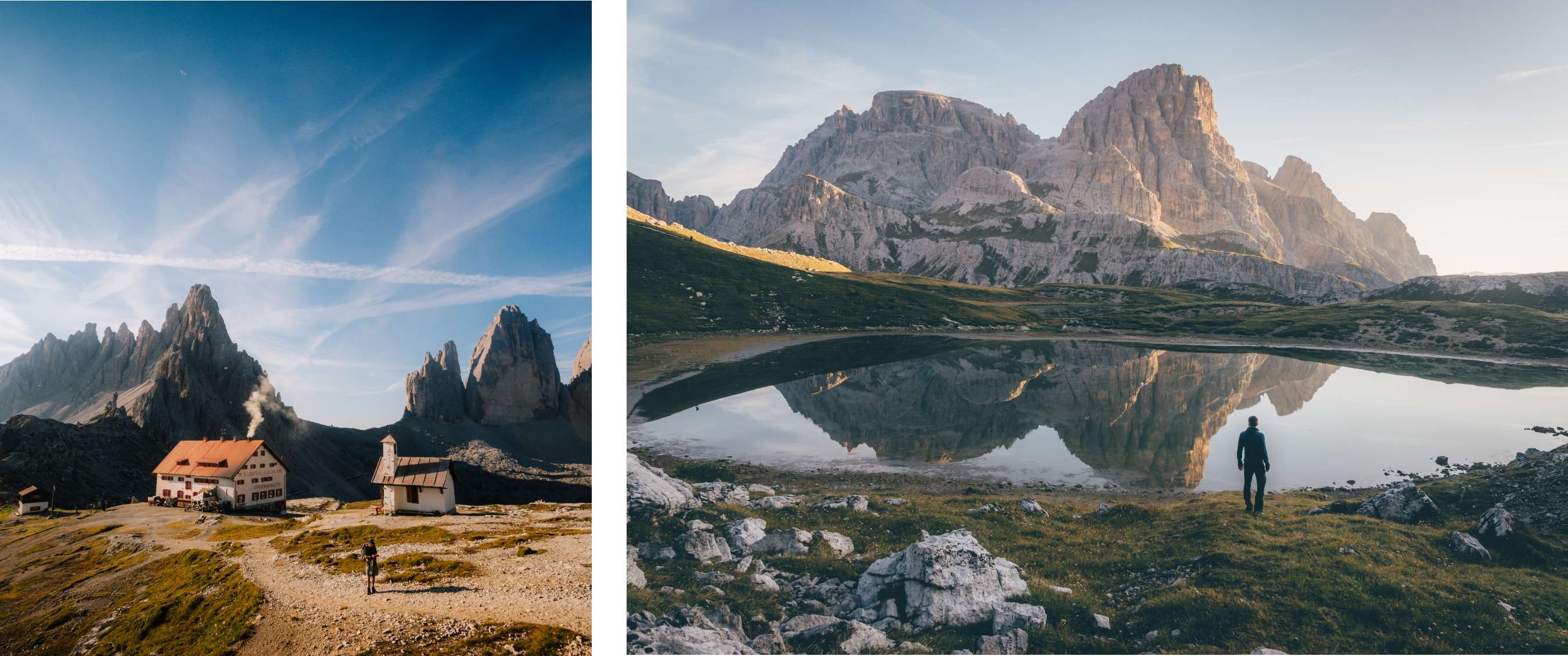 Deux images : refuge et chapelle sous les Tre Cime ; personne près d’un lac de montagne avec reflet des rochers
