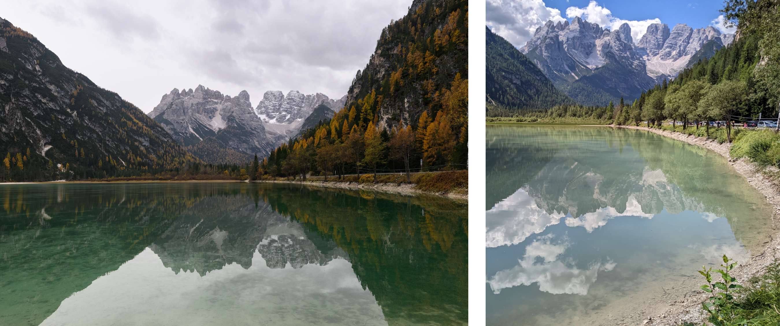 Deux images : lac de montagne avec reflet des sommets sous un ciel gris ; lac clair avec montagnes et nuages reflétés