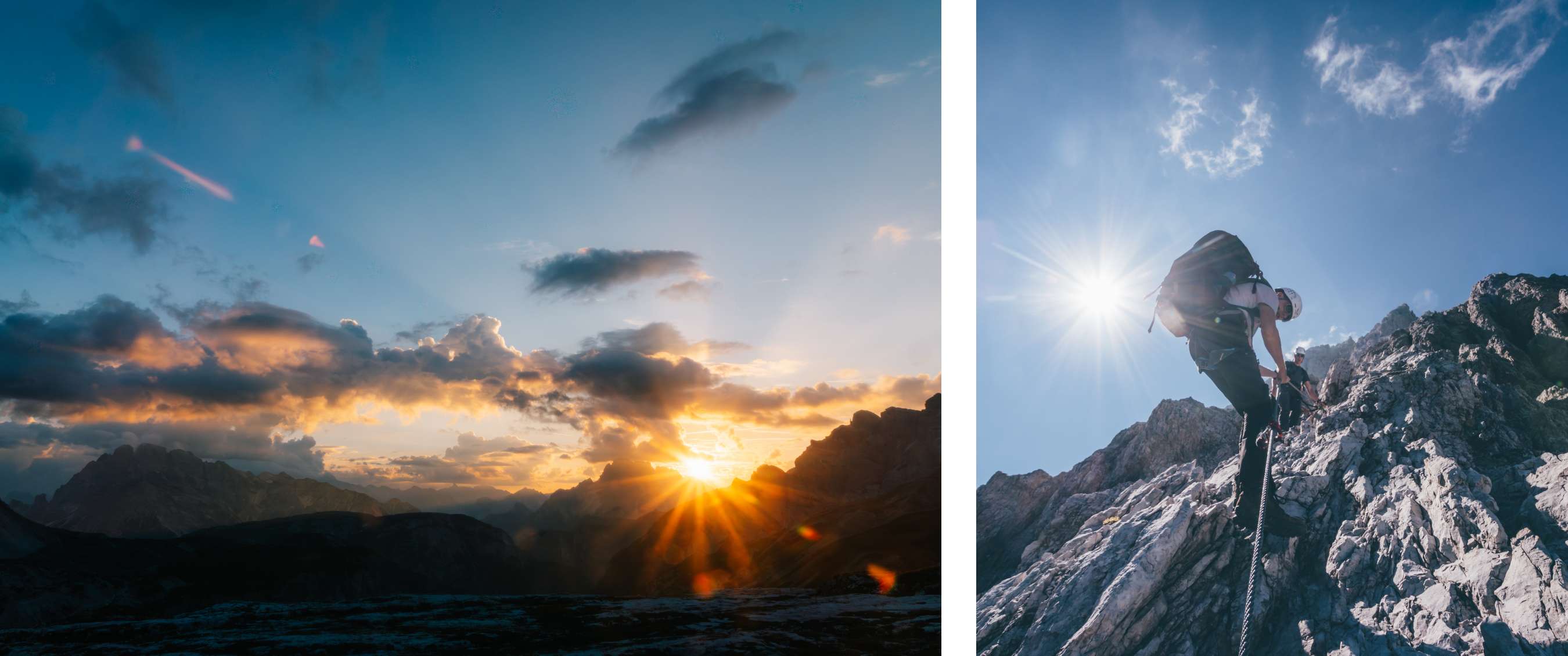 Deux images : ciel du soir avec soleil derrière des silhouettes de montagnes ; deux personnes grimpent sur des rochers