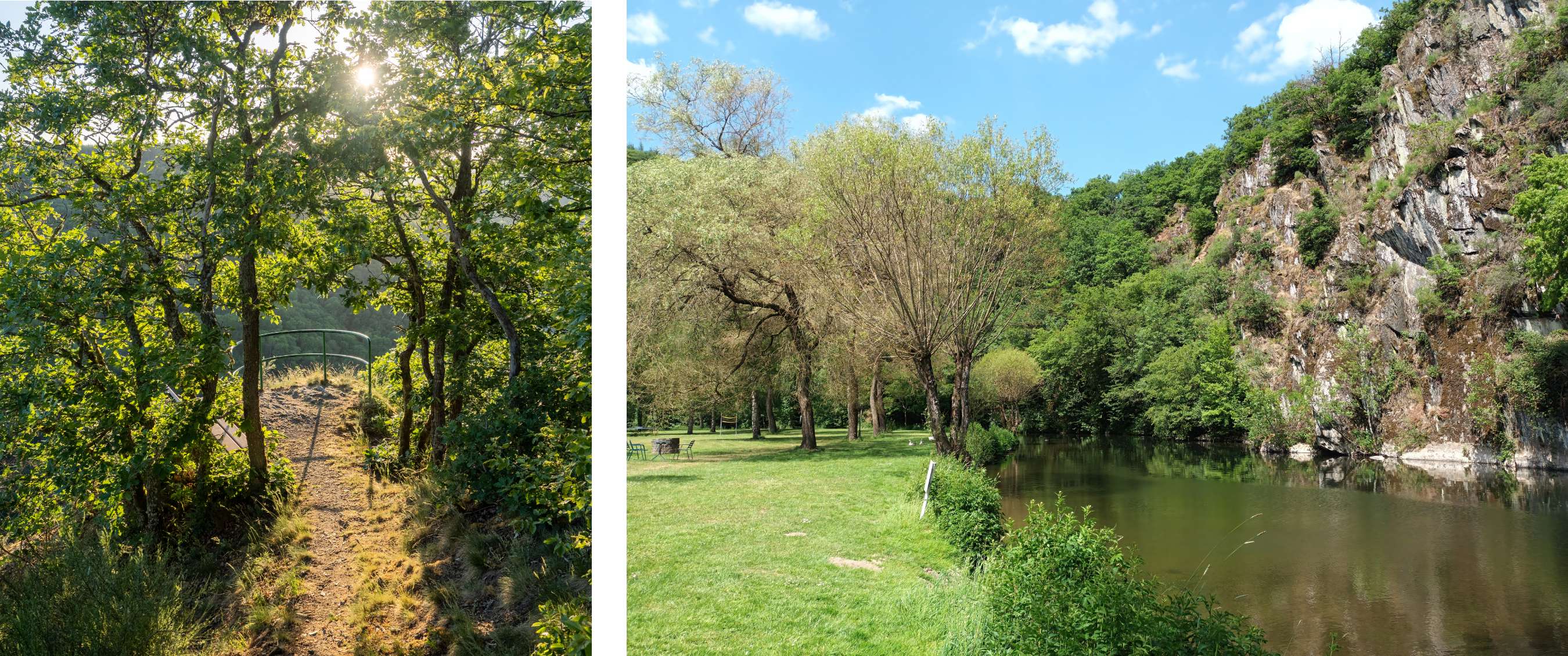 Deux images : sentier forestier étroit avec lumière du soleil ; rivière calme le long d’une rive verte et rocheuse