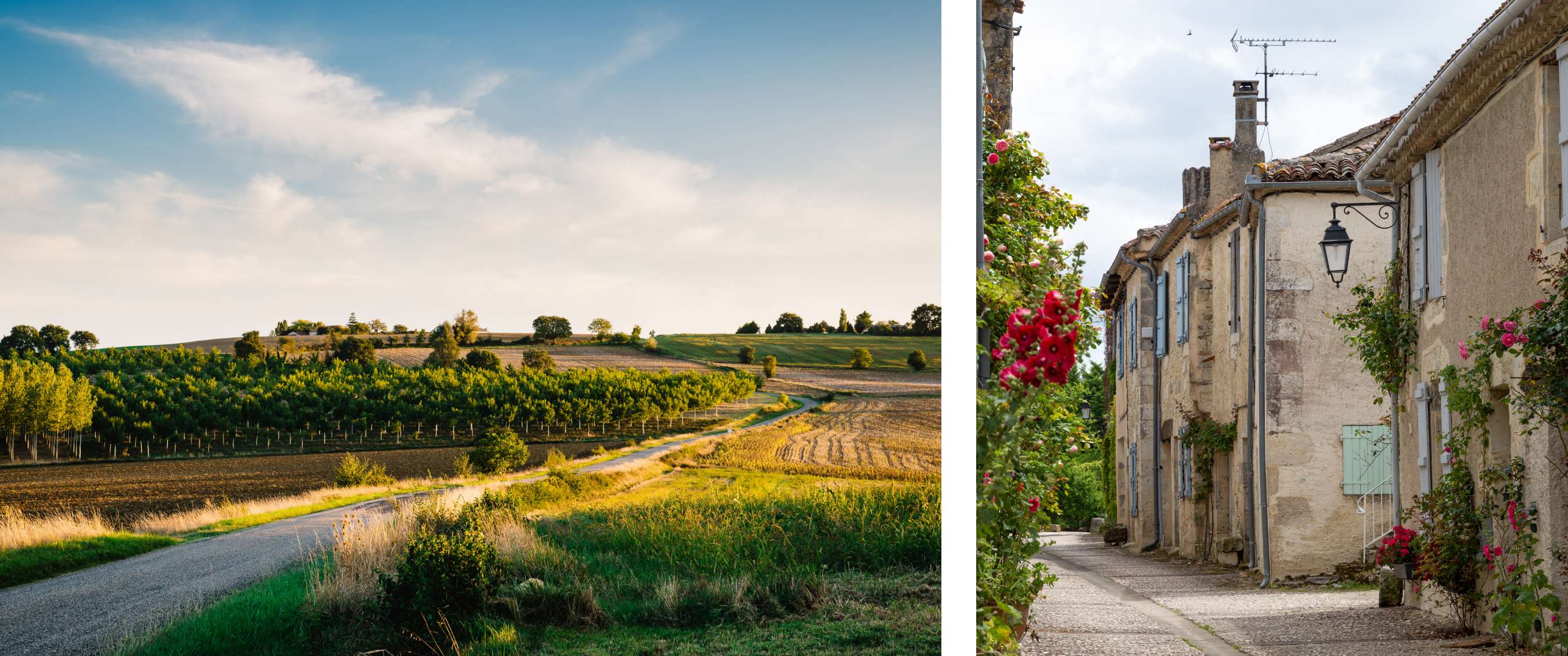 Deux images : route de campagne sinueuse dans un paysage vallonné ; rue étroite d’un village avec maisons en pierre et fleurs