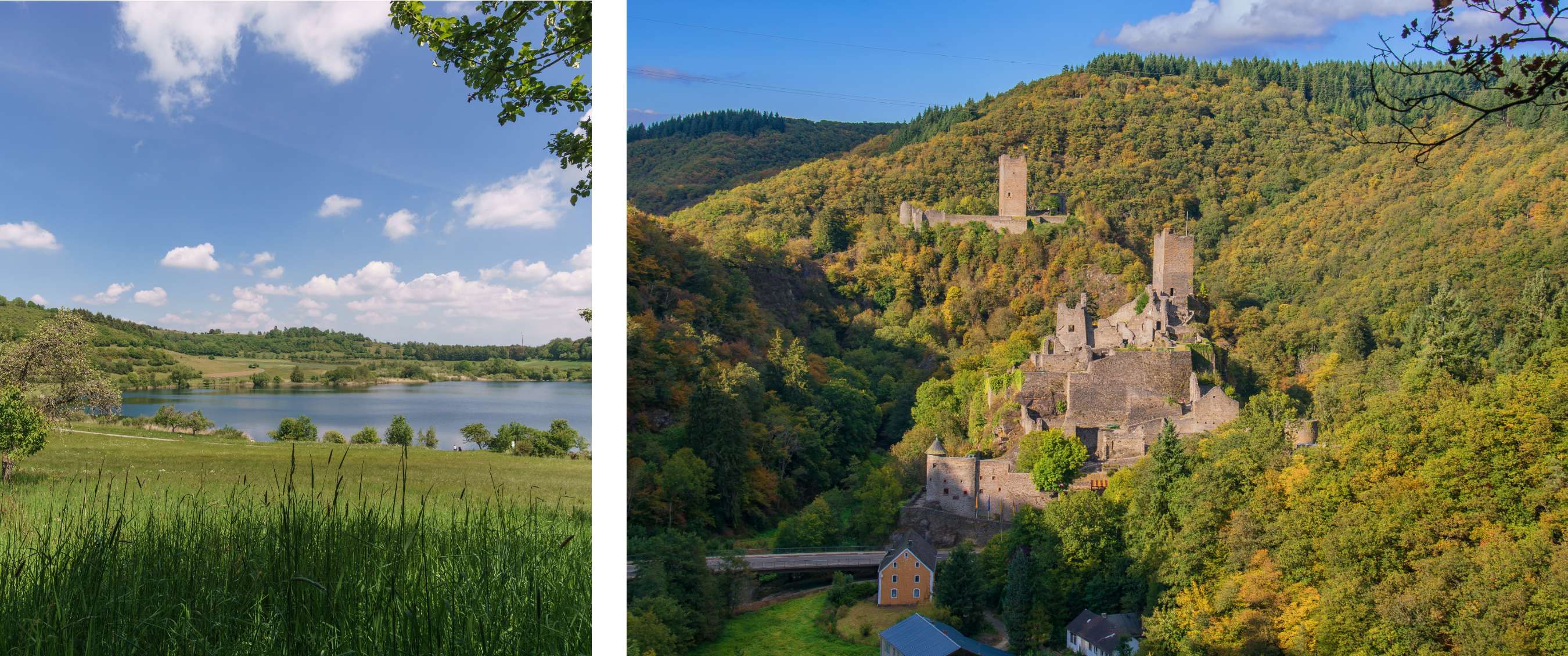 Deux images : lac paisible dans un paysage ouvert avec prairies et arbres ; ruines de château sur des collines boisées