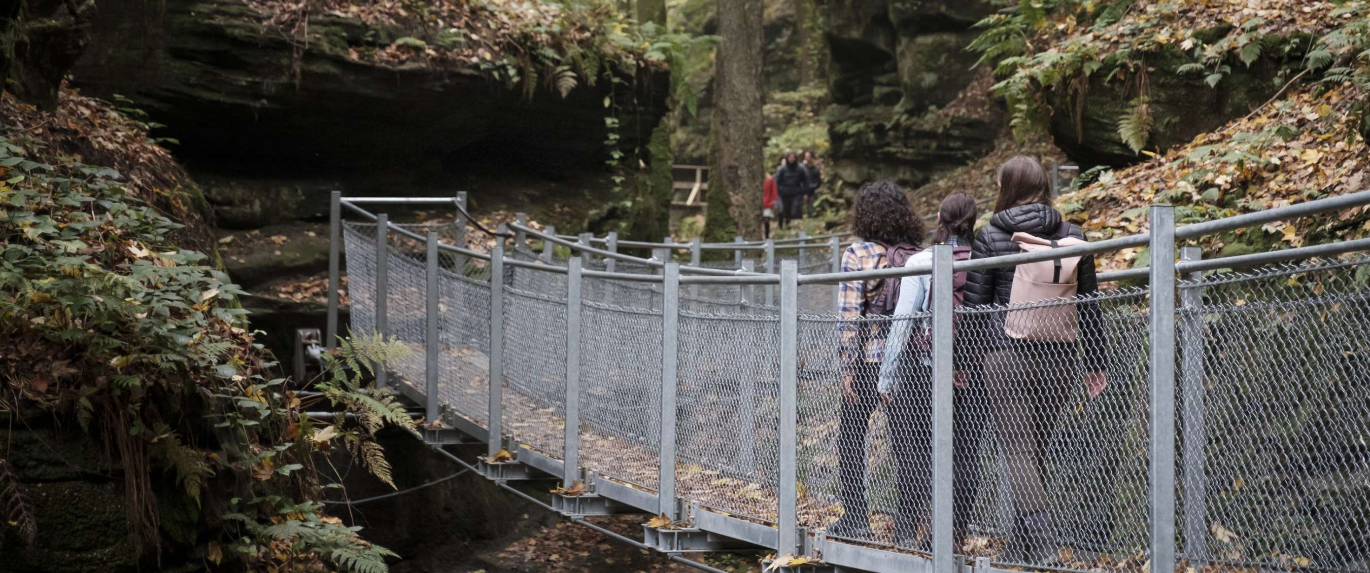 Deux images : passerelle métallique avec garde-corps au-dessus d’un passage rocheux ; randonneurs avec sacs à dos sur le pont